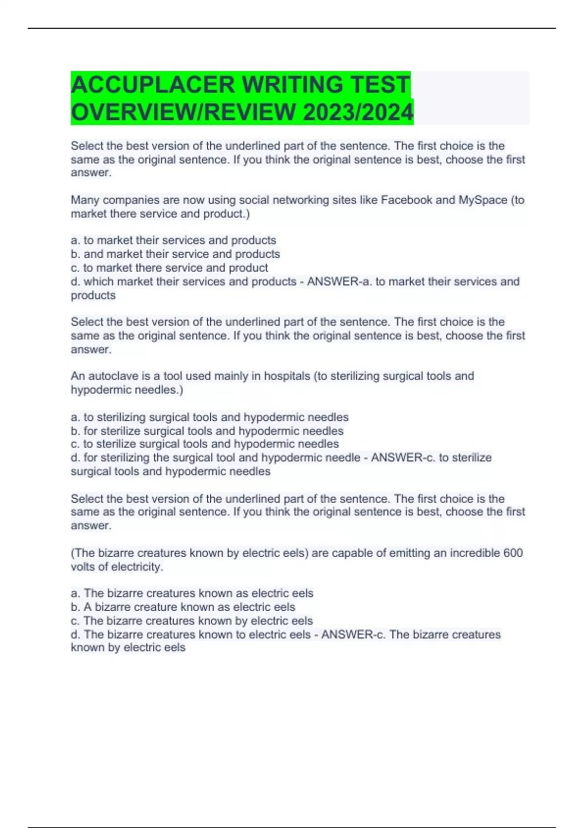 ACCUPLACER WRITING TEST OVERVIEW/REVIEW 2023/2024 ACCUPLACER Stuvia US