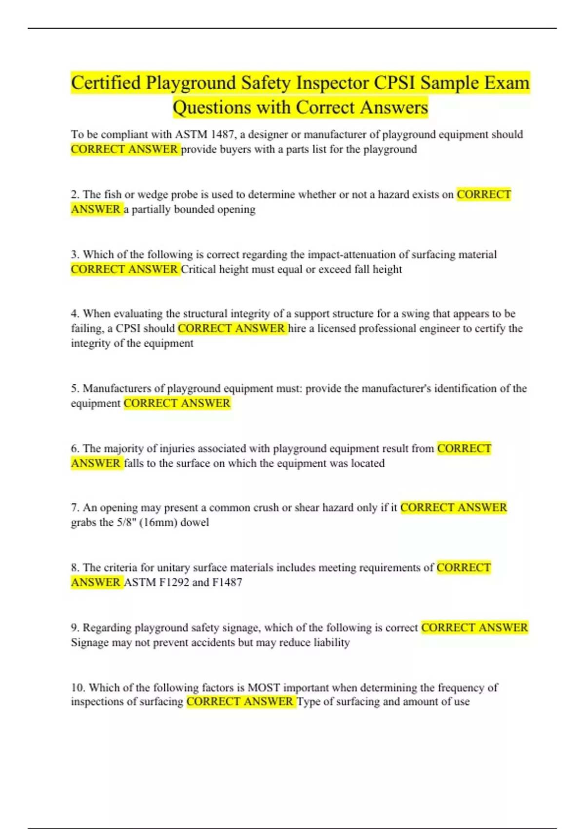 Certified Playground Safety Inspector CPSI Sample Exam Questions with ...