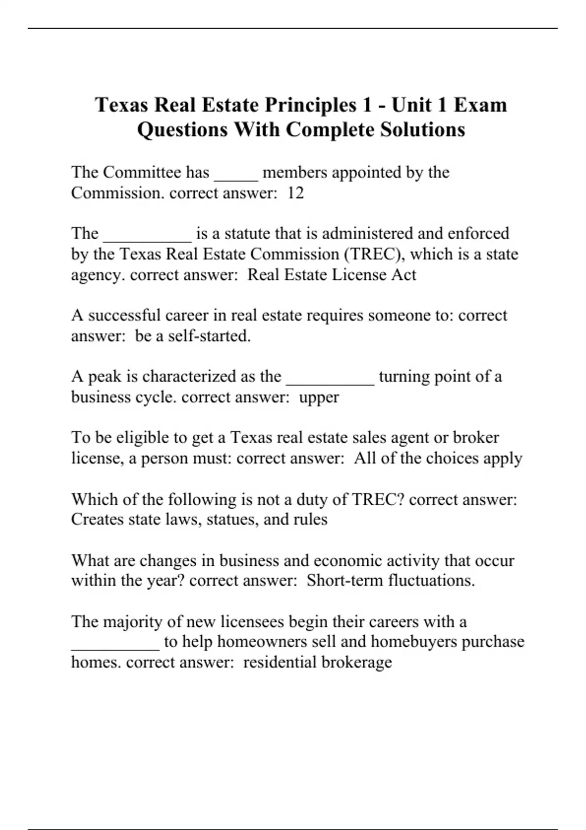 Texas Real Estate Principles 1 Unit 1 Exam Questions With Complete