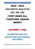 2022 - 2023 Hesi Psych Mental Health Exit Exam (V1, V2, V3) (TEST BANK) Study Guide w/ Brand New QUESTIONS & ANSWERS  Included!! A++