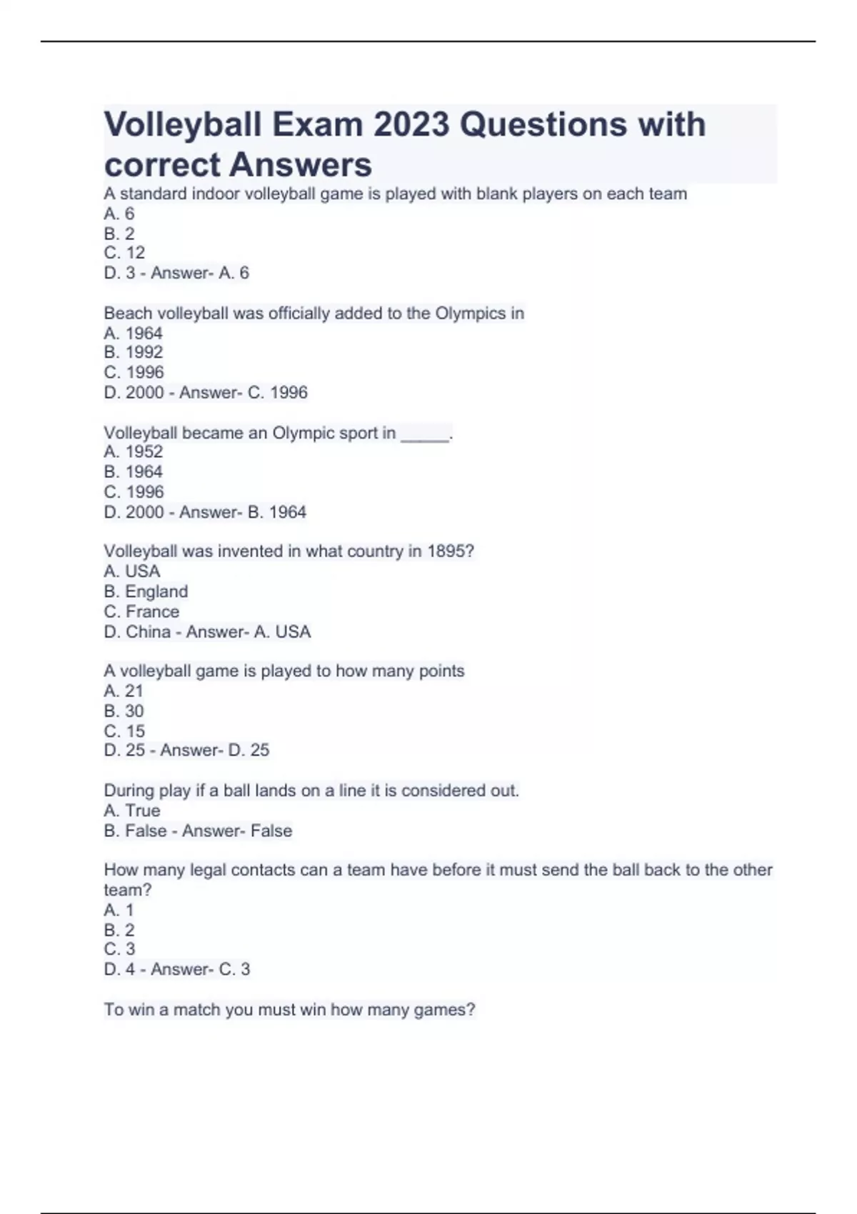 Volleyball Exam 2023 Questions with correct Answers Volleyball