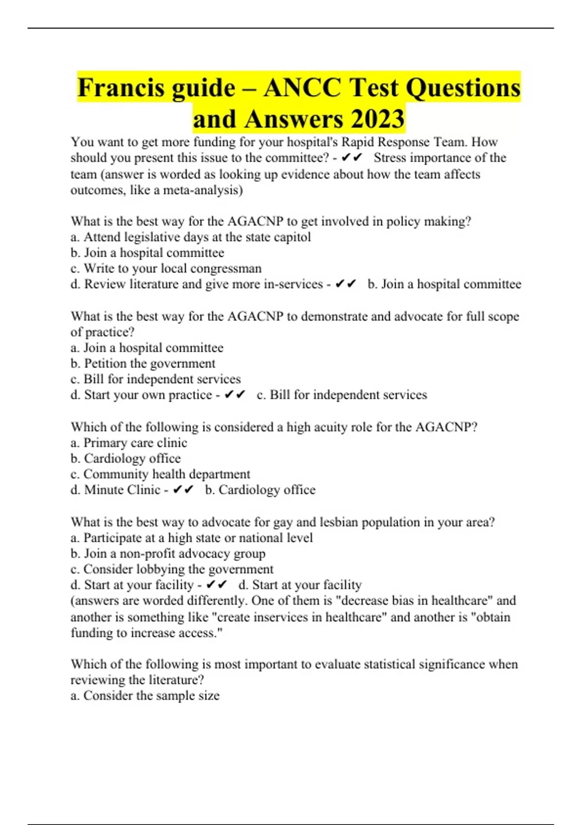 Francis guide – ANCC Test Questions and Answers 2023 - – ANCC - Stuvia US