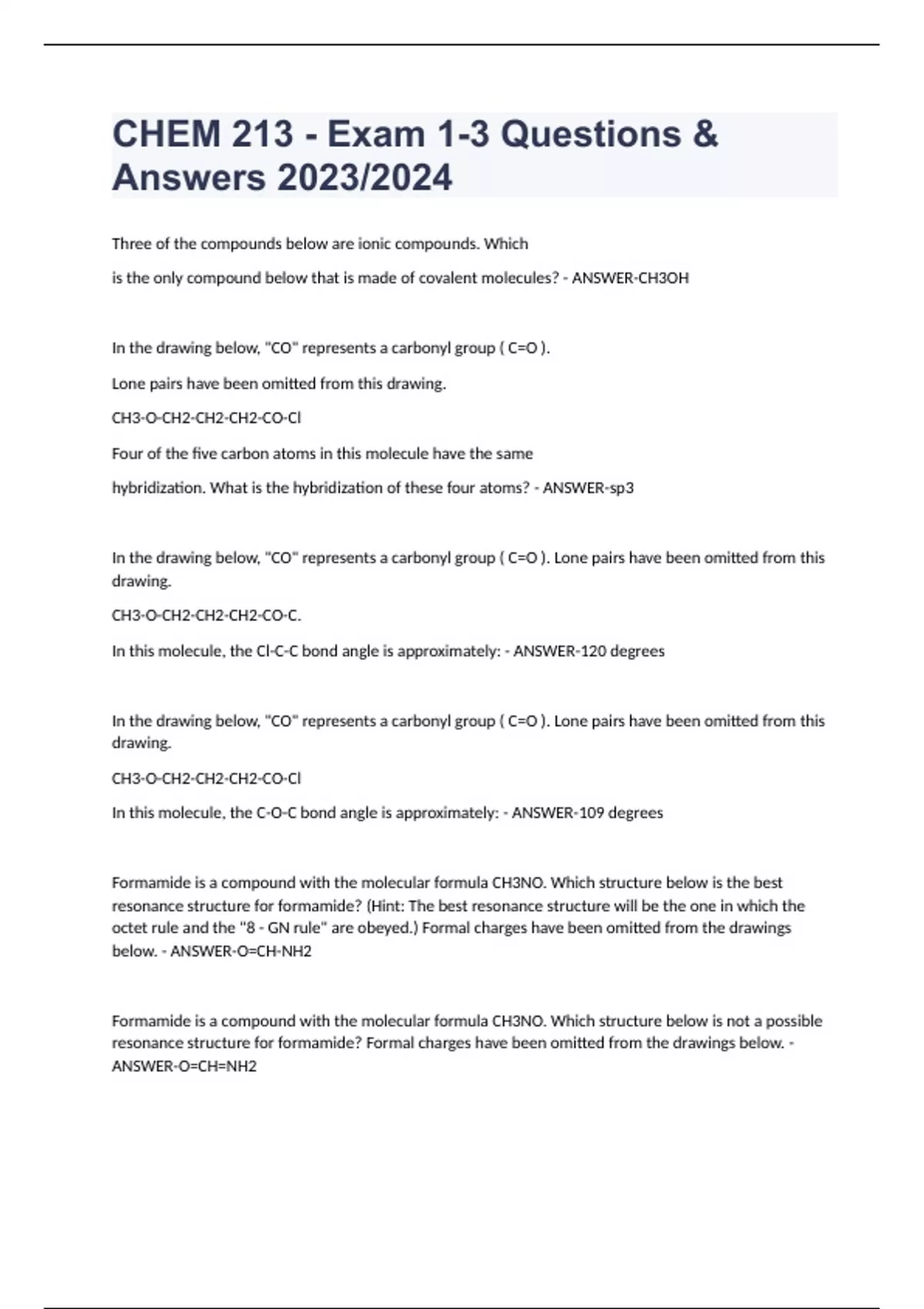 CHEM 213 - Exam 1-3 Questions & Answers 2023/2024 - CHEM 213 - Stuvia US