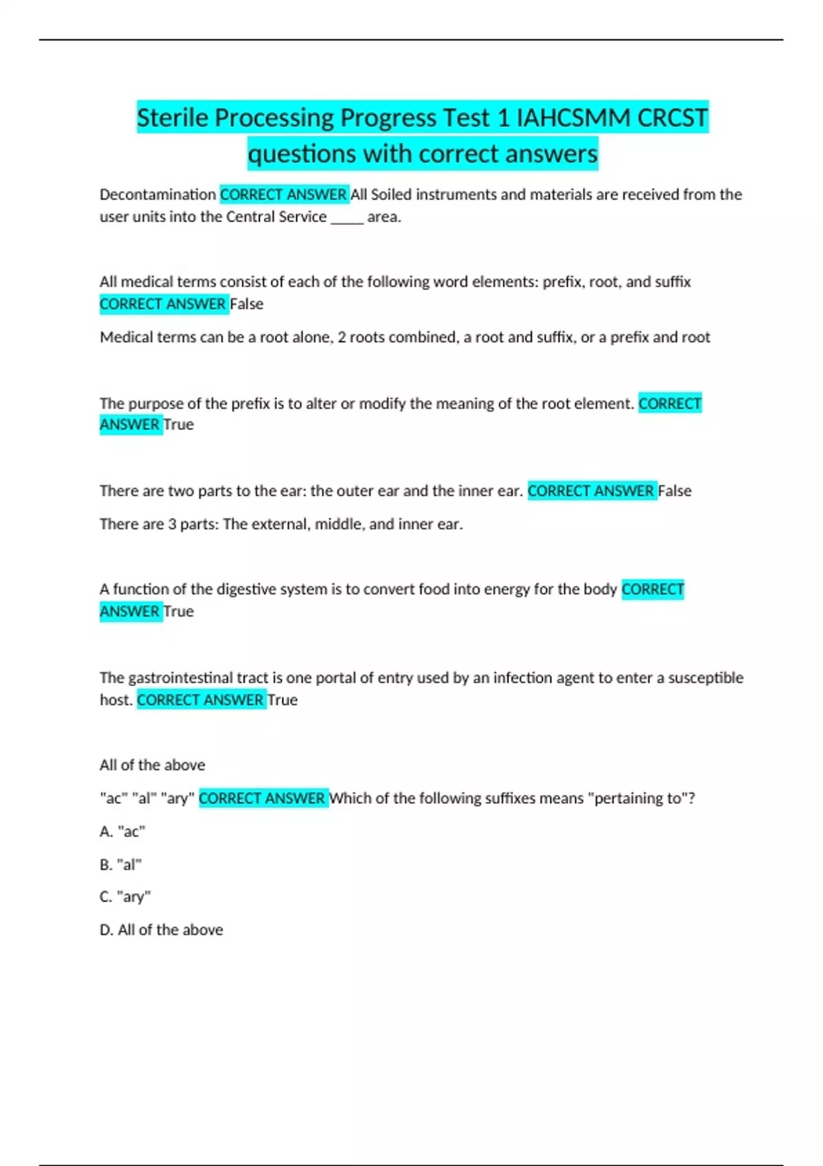 Sterile Processing Progress Test 1 IAHCSMM CRCST questions with correct