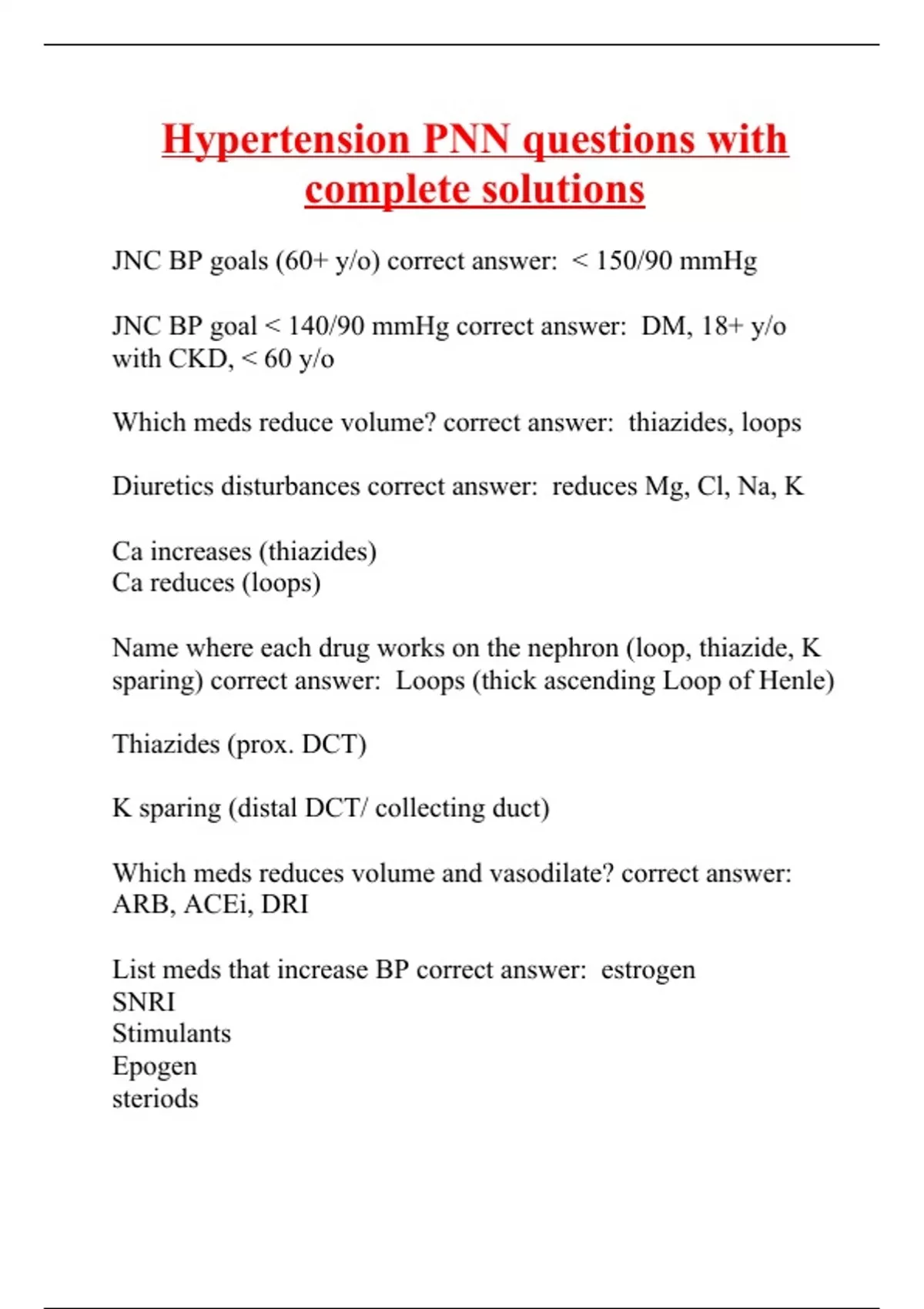 Hypertension PNN questions with complete solutions PNN Stuvia US