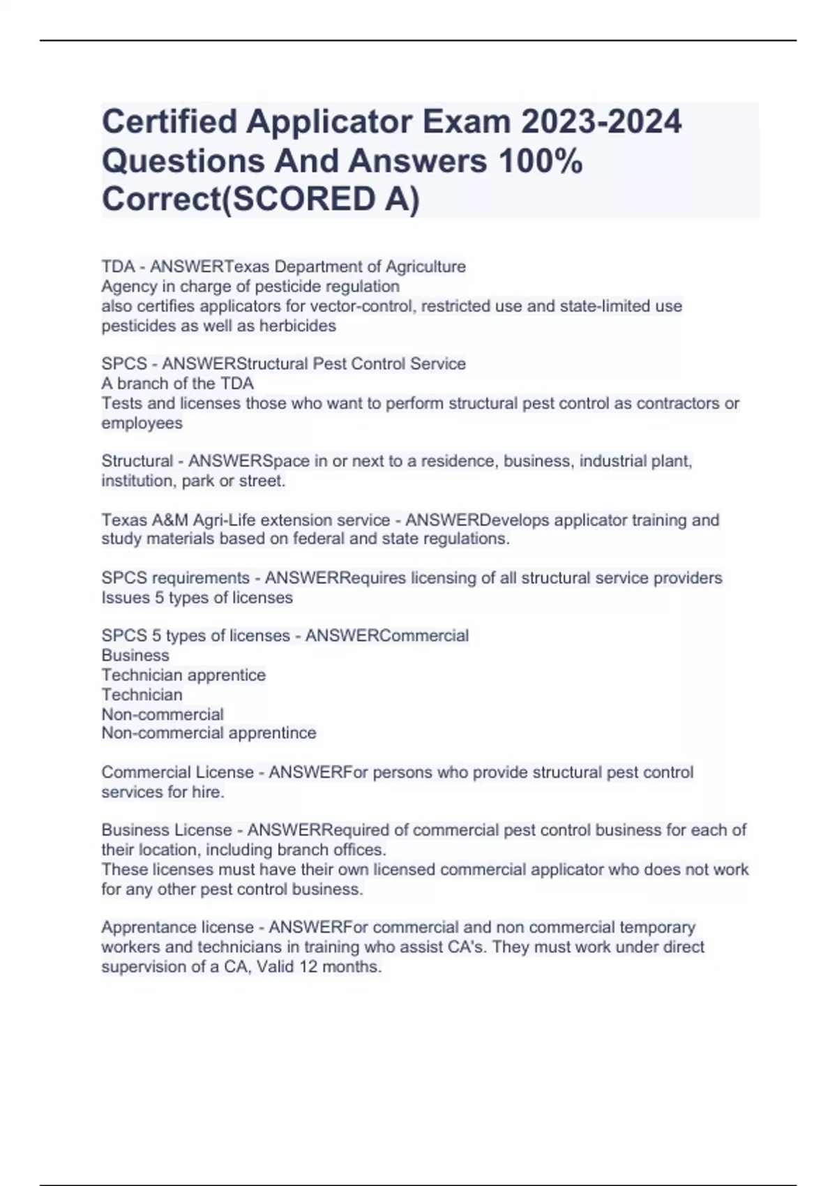 Certified Applicator Exam Questions And Answers 100 Correct(SCORED A