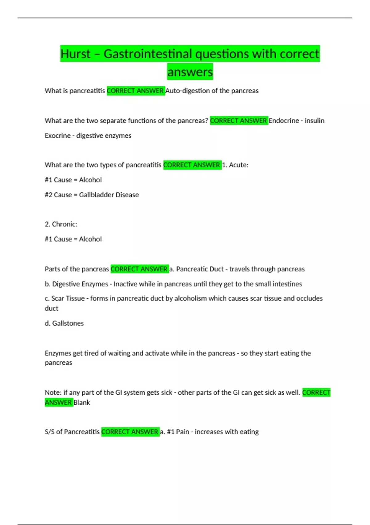Gi Questions Hurst – Gastrointestinal questions with correct answers - Hurst - Stuvia US