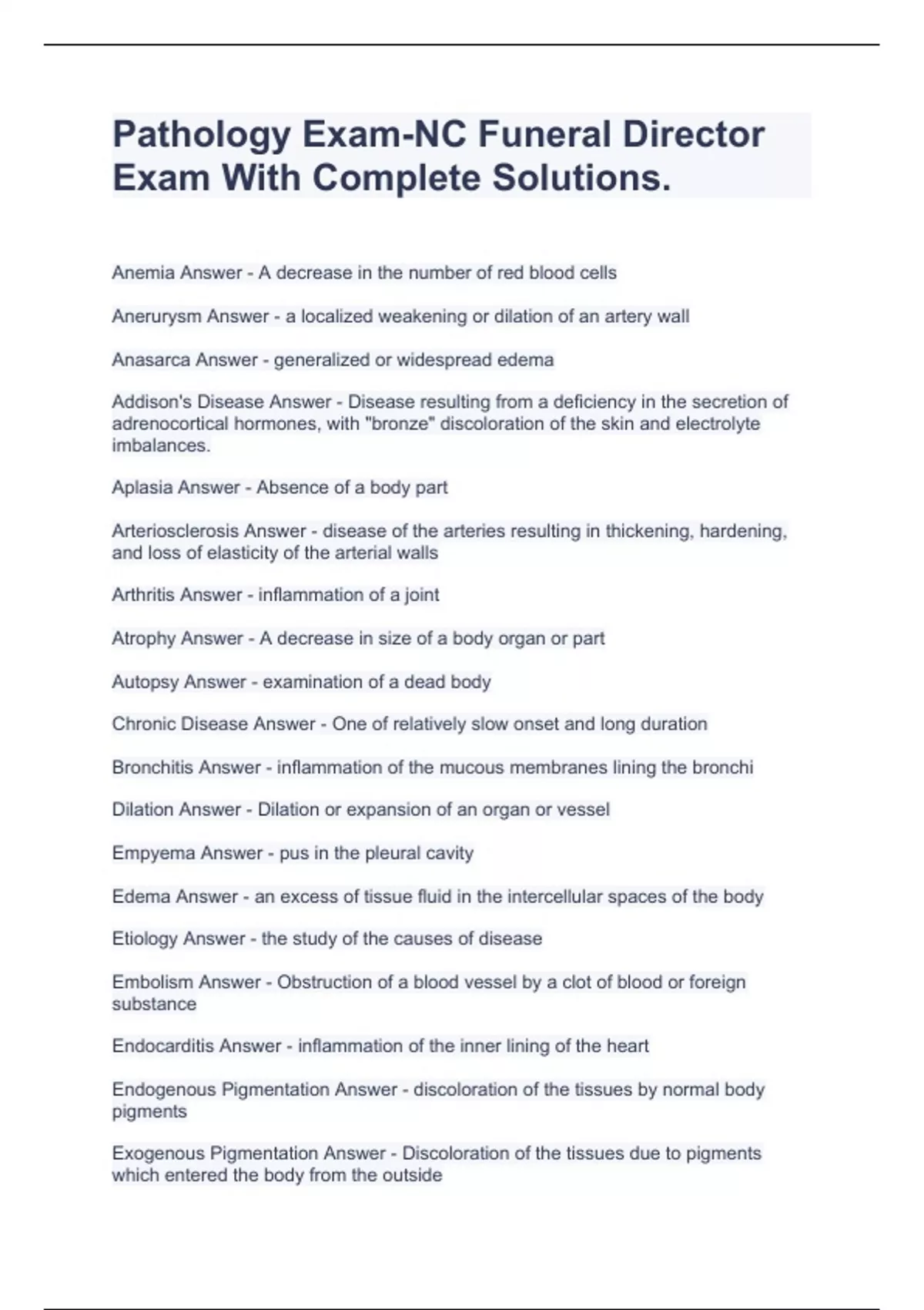 Pathology ExamNC Funeral Director Exam With Complete Solutions. Pathology Stuvia US
