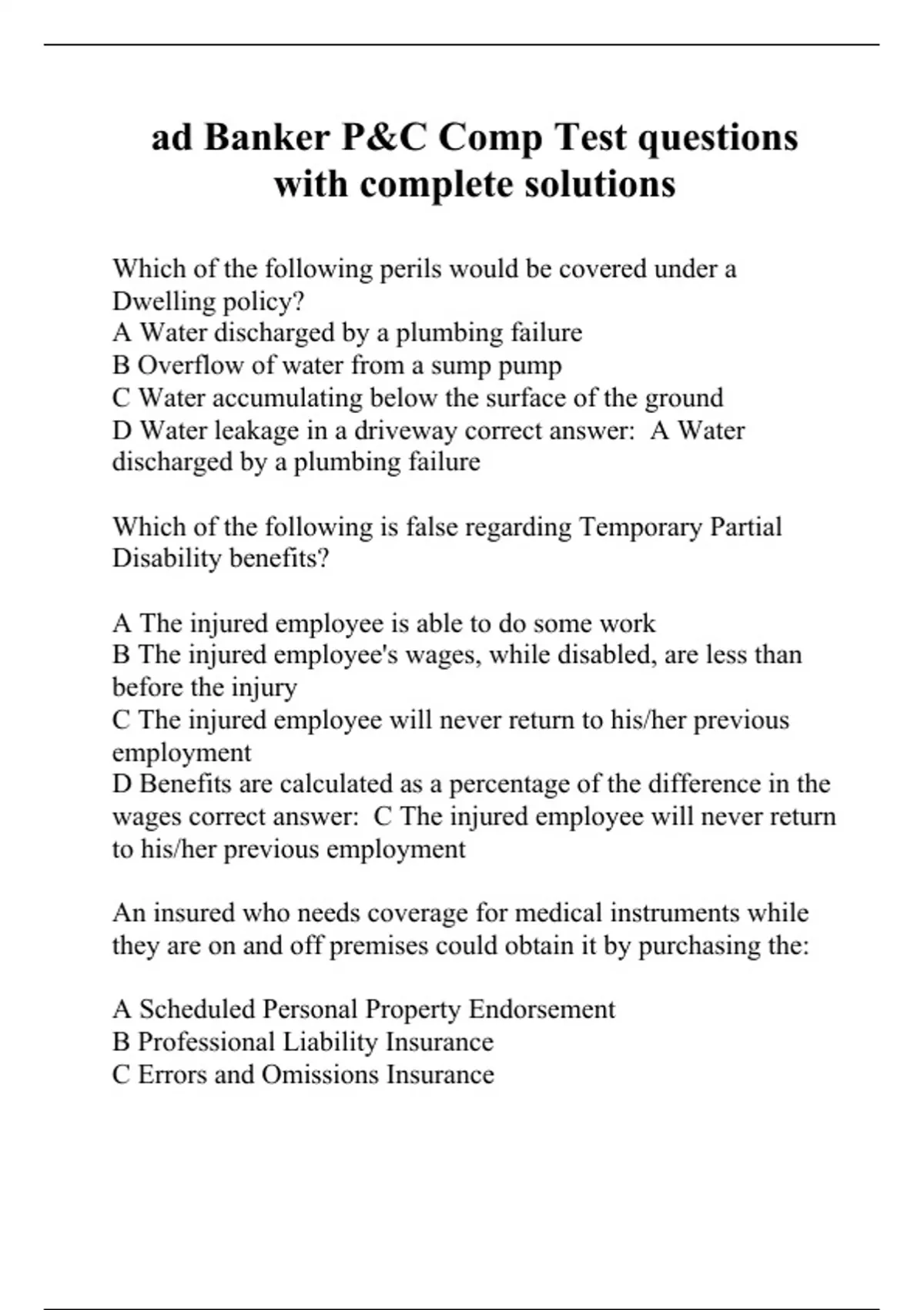 ad Banker P&C Comp Test questions with complete solutions AD banker