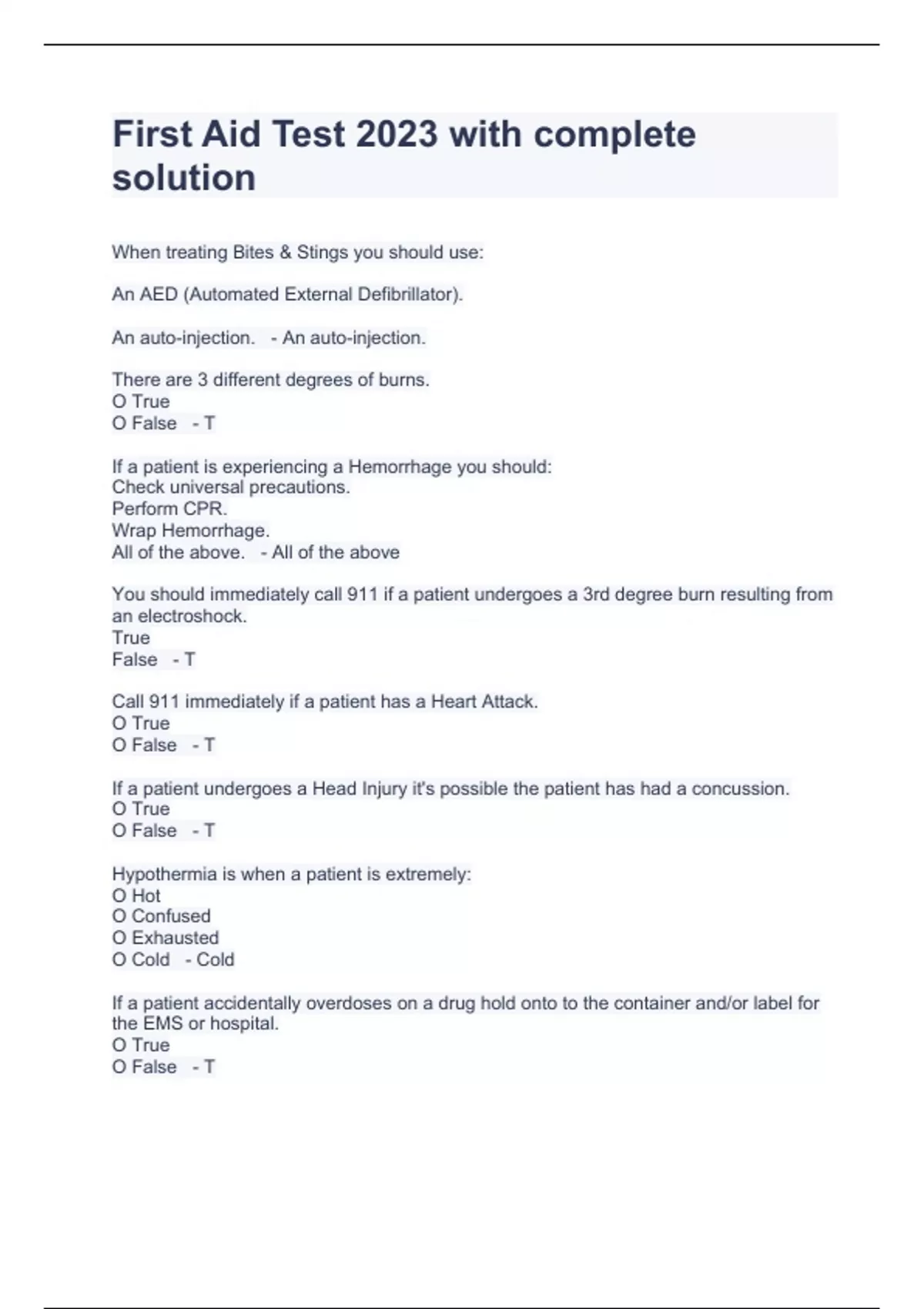 First Aid Test 2023 with complete solution First Aid Stuvia US