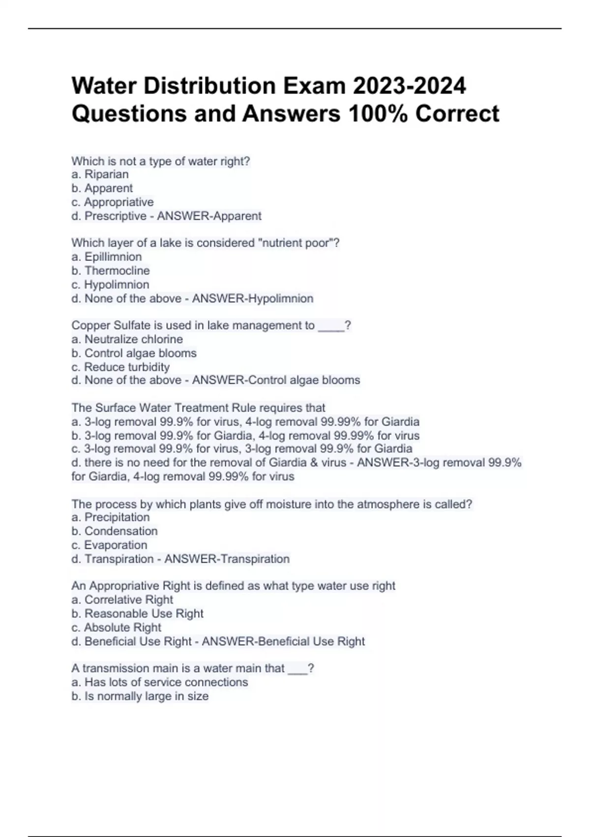 Water Distribution Exam Questions and Answers 100 Correct Water