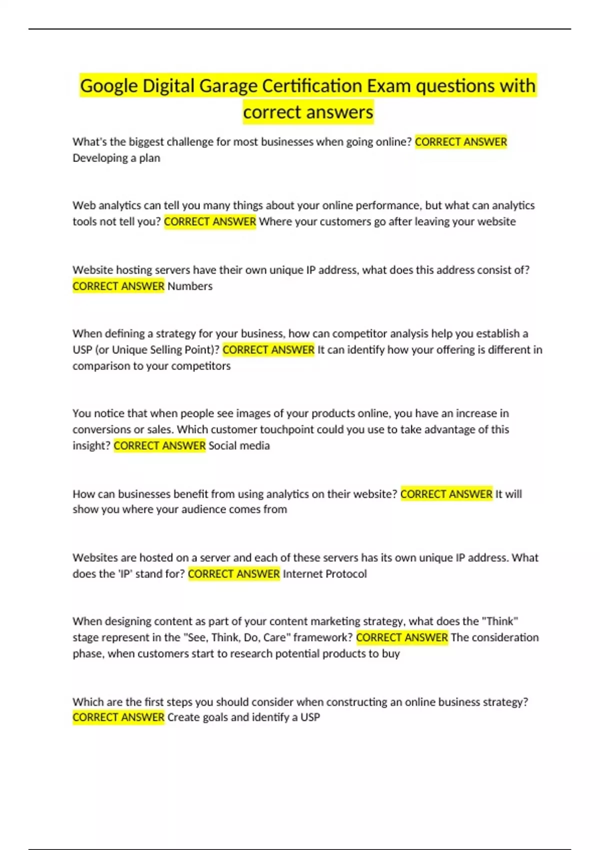 Google Digital Garage Certification Exam questions with correct answers Google Digital Garage