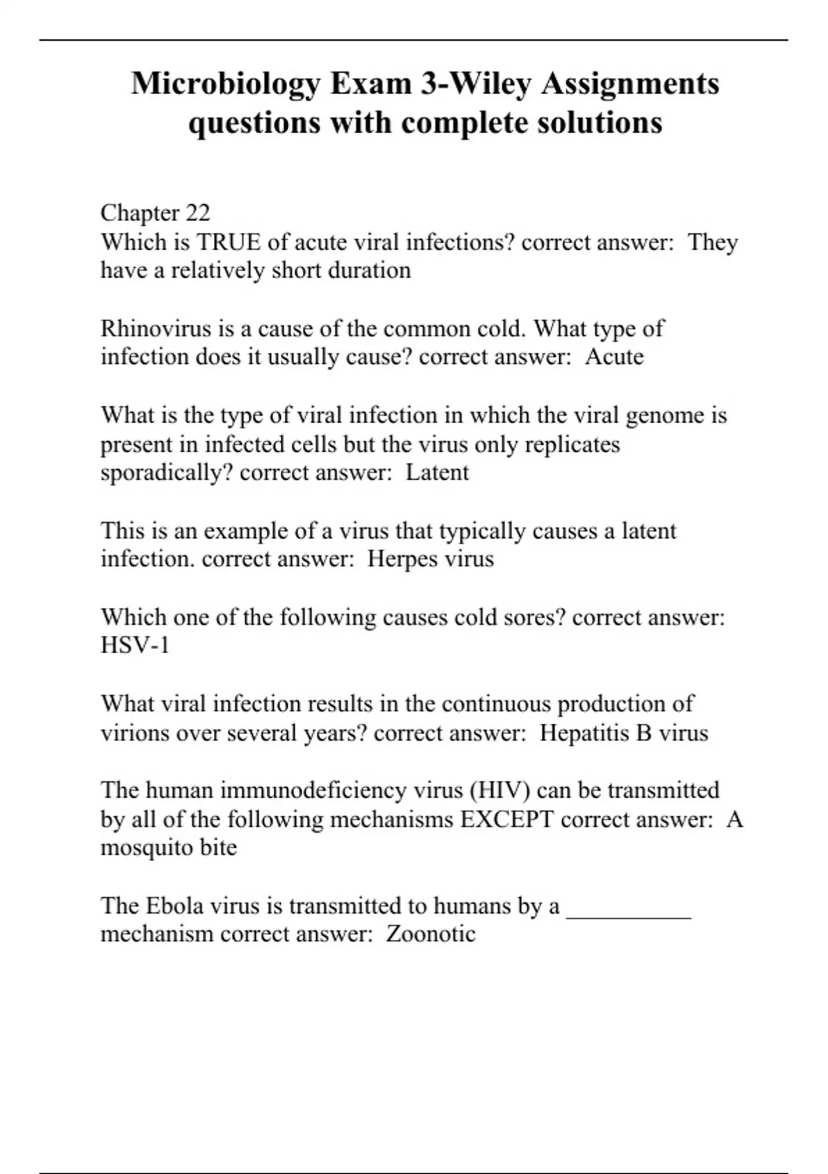 Microbiology Exam 3Wiley Assignments questions with complete solutions WILEY Stuvia US
