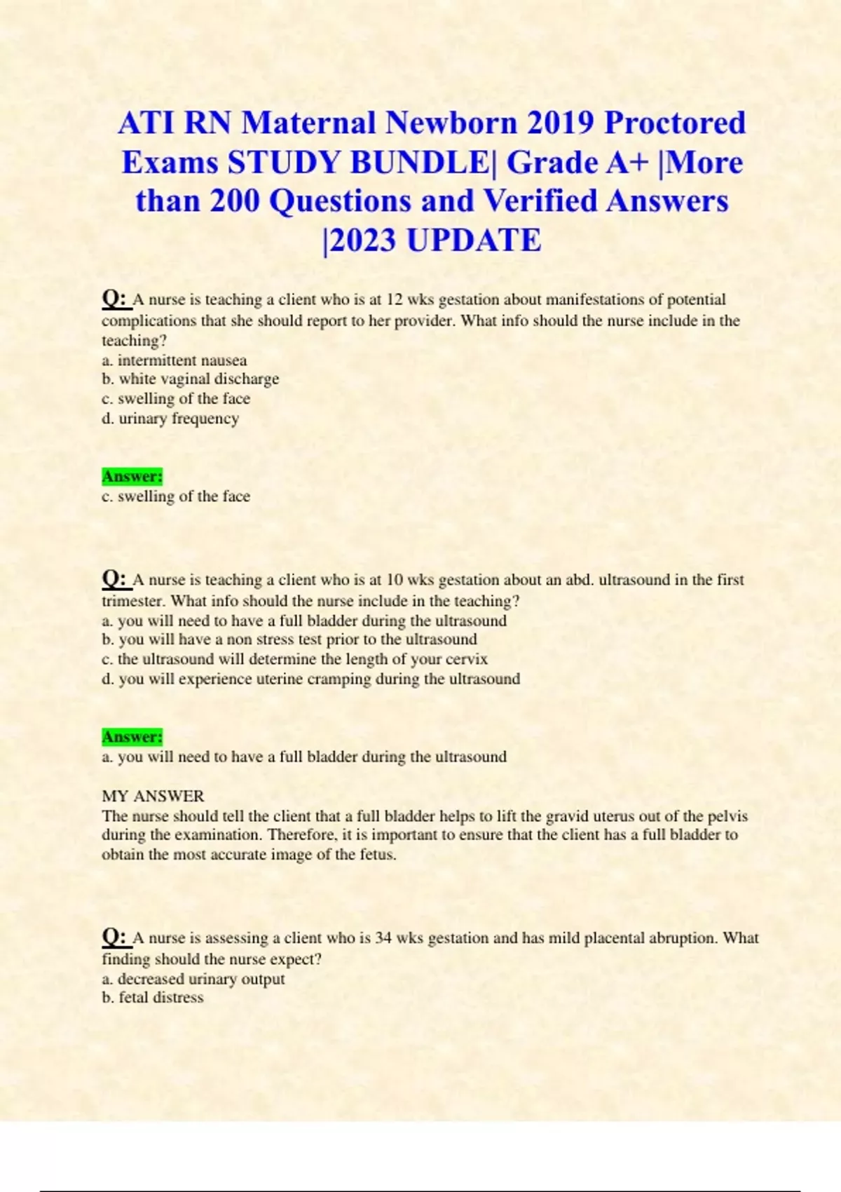 Rn Maternal Newborn 2019 Proctored Exam Test Bank