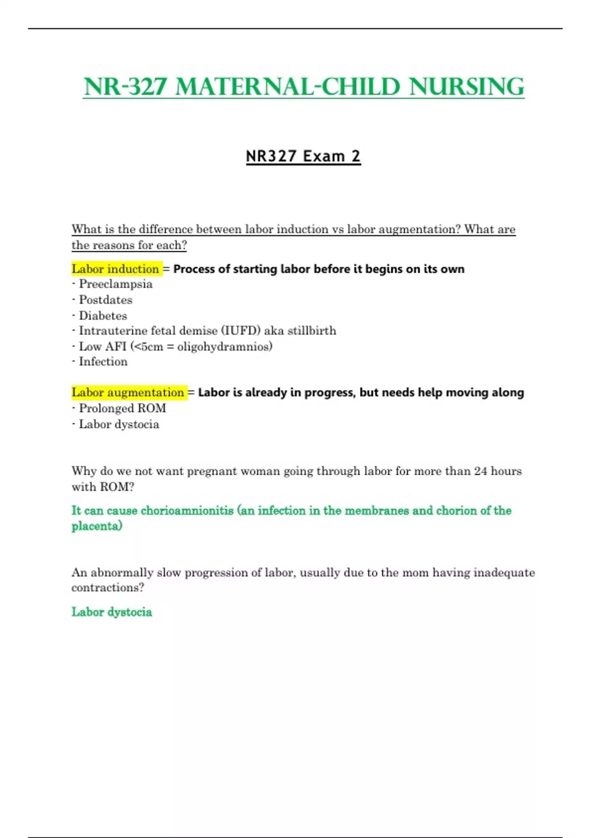 Exam 2 - NR327 / NR 327 (Latest 2023 / 2024) : Maternal-Child Nursing ...
