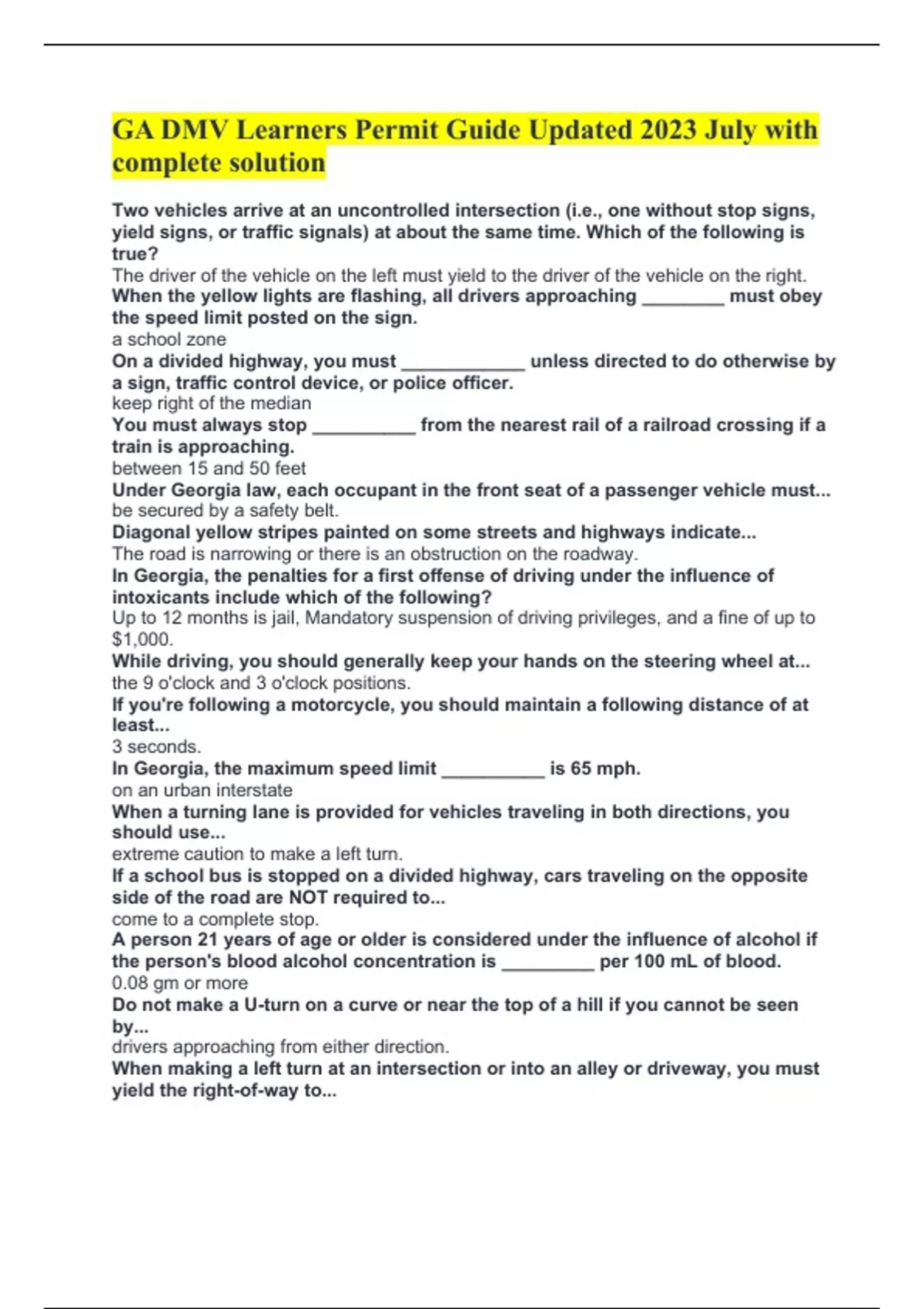 GA DMV Learners Permit Guide Updated 2023 July with complete solution