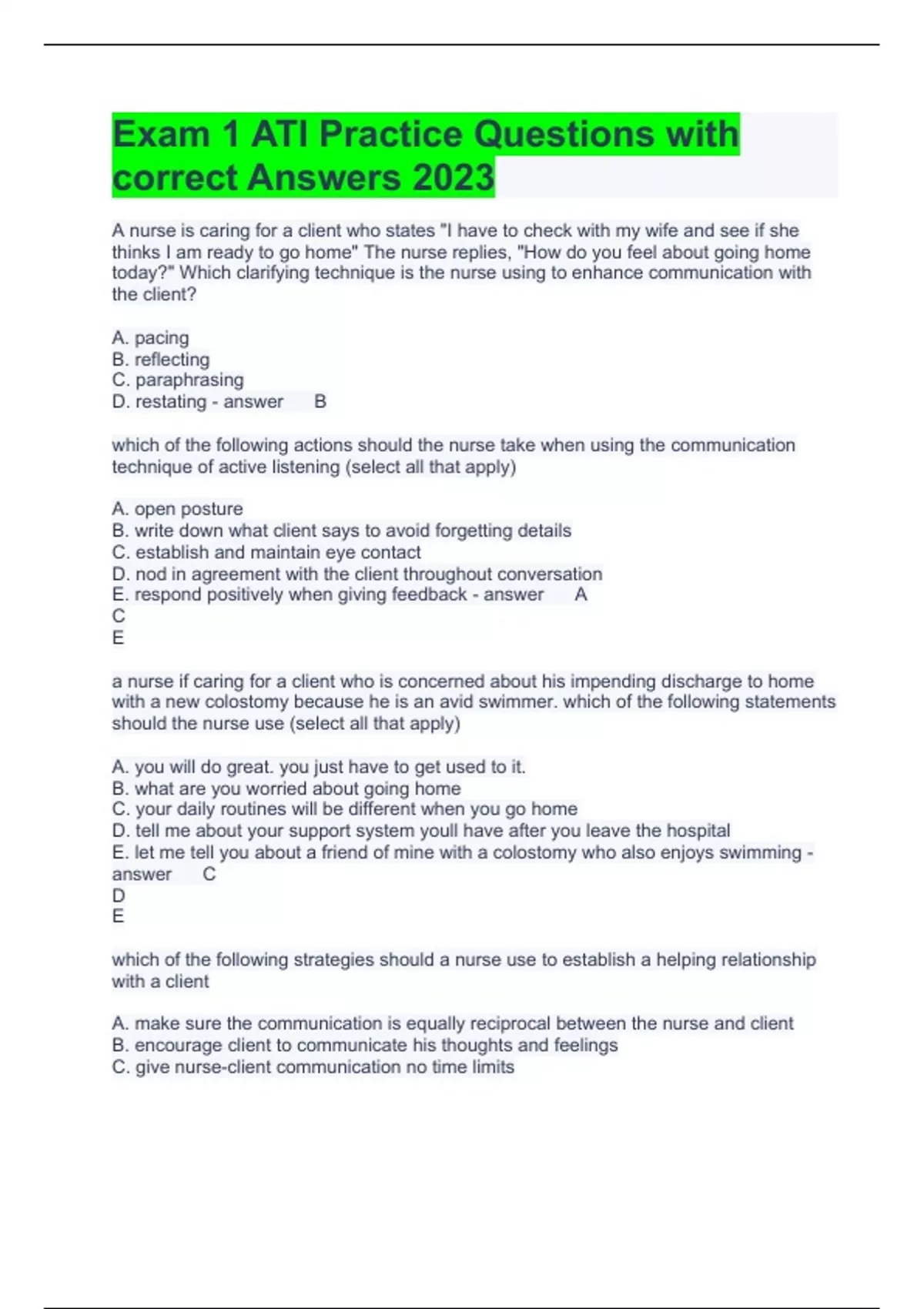Exam 1 ATI Practice Questions with correct Answers 2023 - ATI RN ...