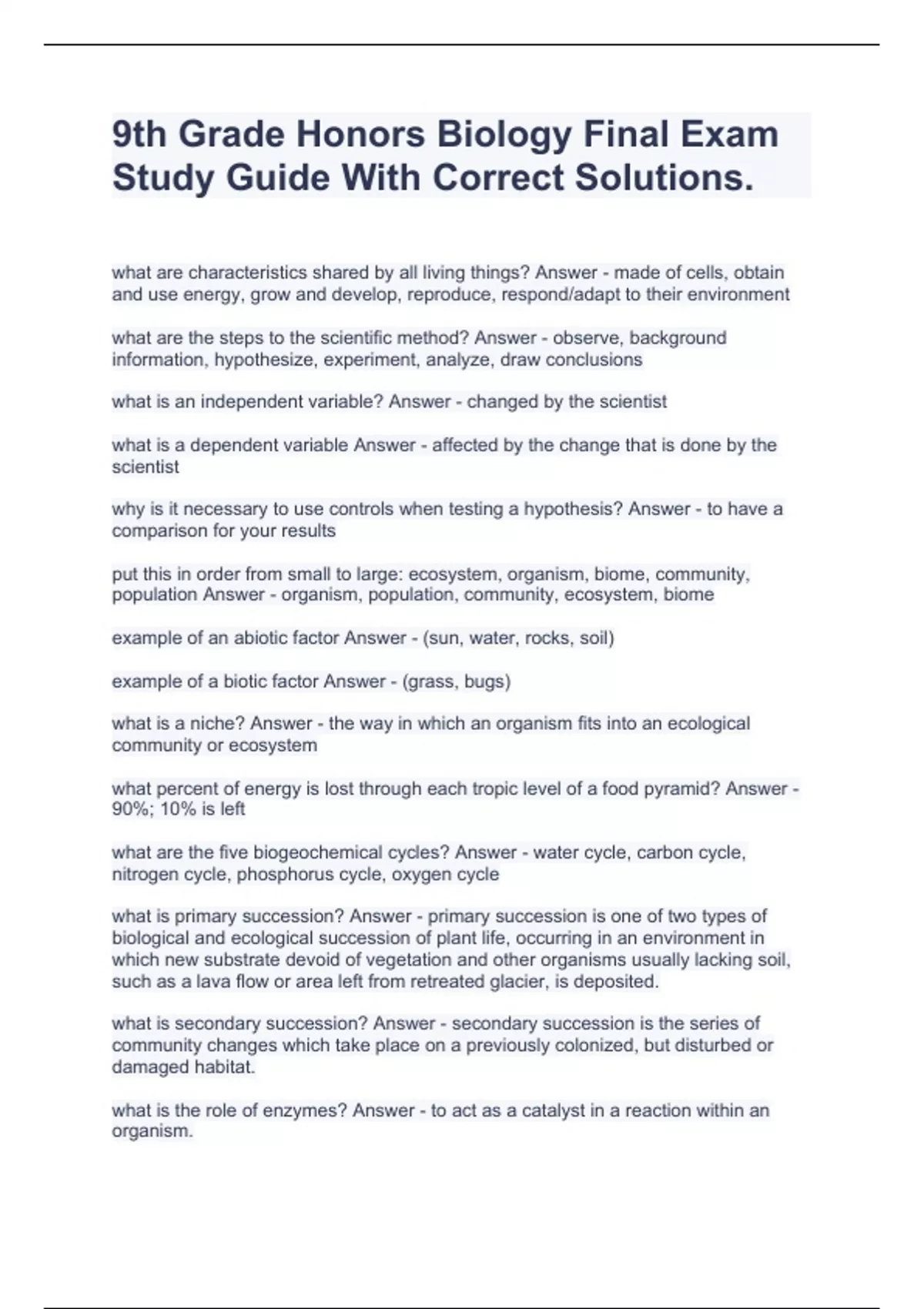 9th Grade Honors Biology Final Exam Study Guide With Correct