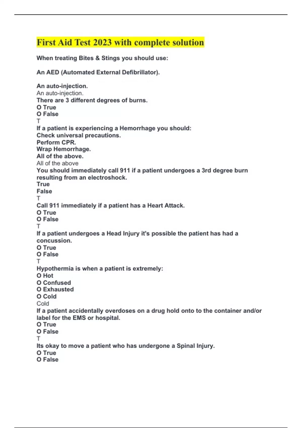 First Aid Test 2023 with complete solution First Aid Stuvia US
