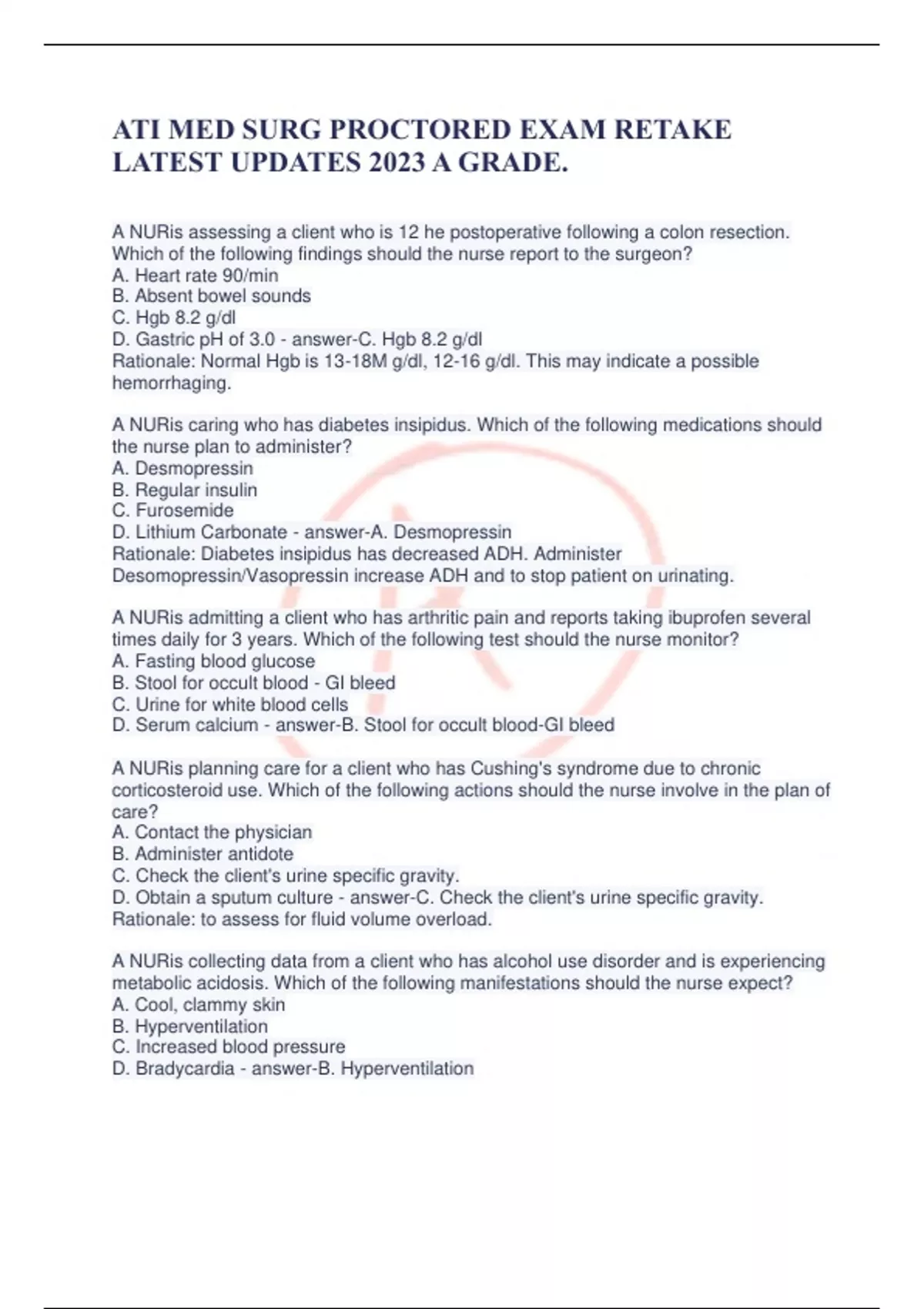 ATI MED SURG PROCTORED EXAM RETAKE LATEST UPDATES 2023 A GRADE. - ATI ...