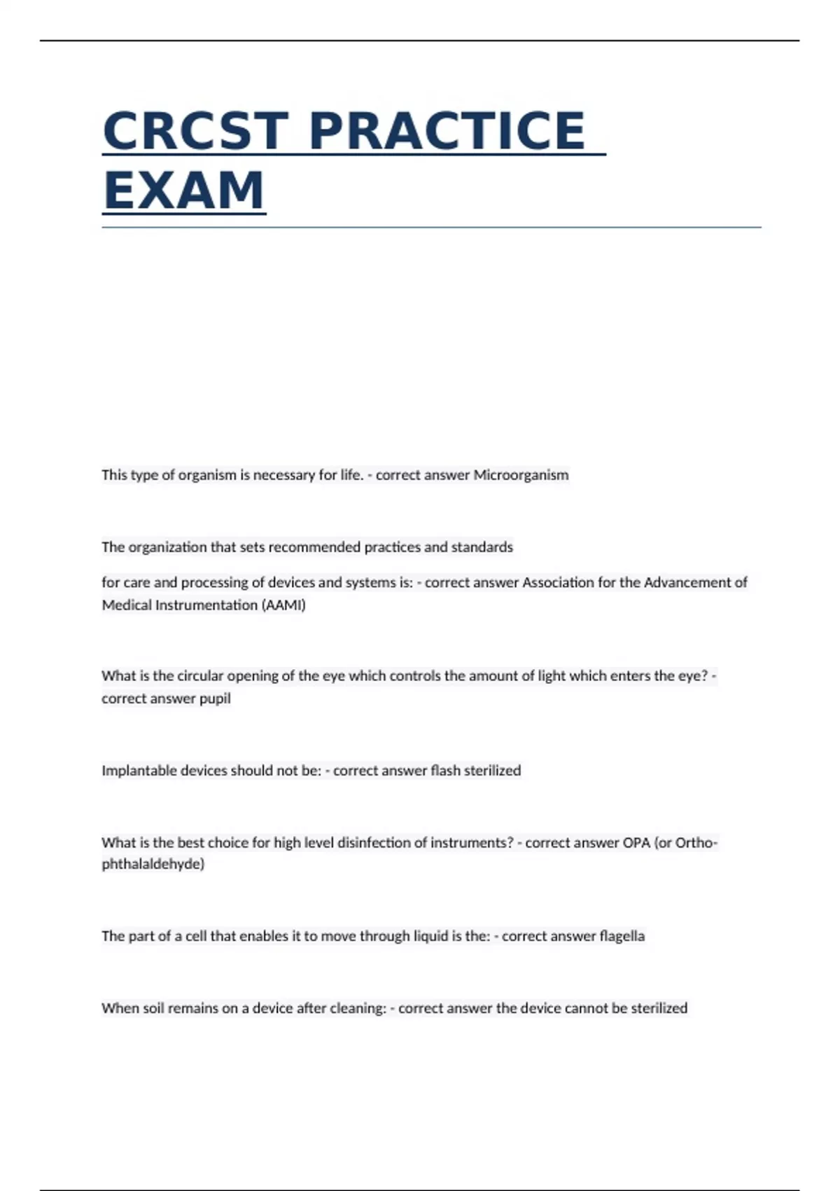 CRCST PRACTICE EXAM with correct answers CRCST Stuvia US