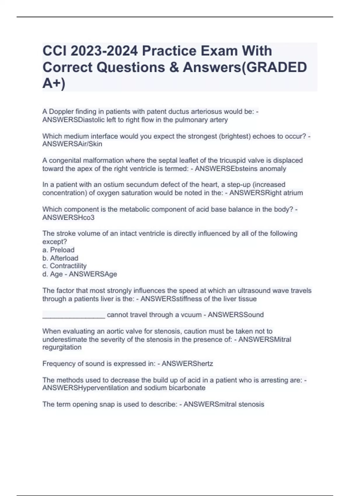 CCI Practice Exam With Correct Questions & Answers(GRADED A+) CCI Stuvia US