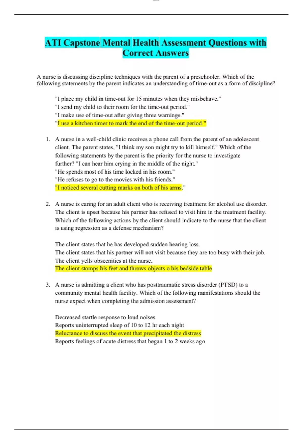 ATI Capstone Mental Health Assessment Questions with Correct Answers