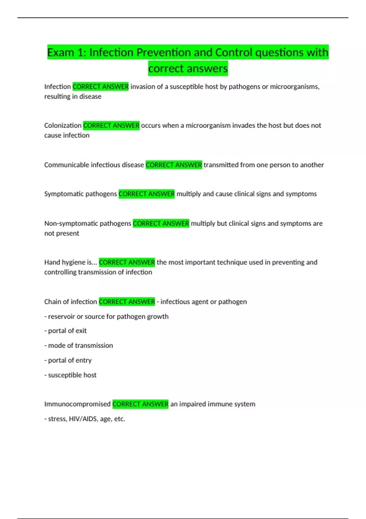 Exam 1: Infection Prevention and Control questions with correct answers ...