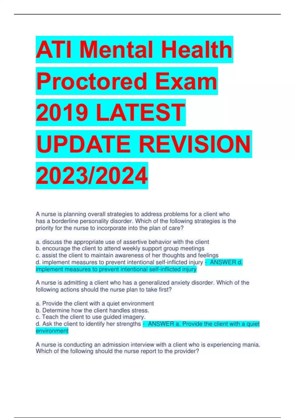 ATI Mental Health Proctored Exam 2019 LATEST UPDATE REVISION 2023/2024