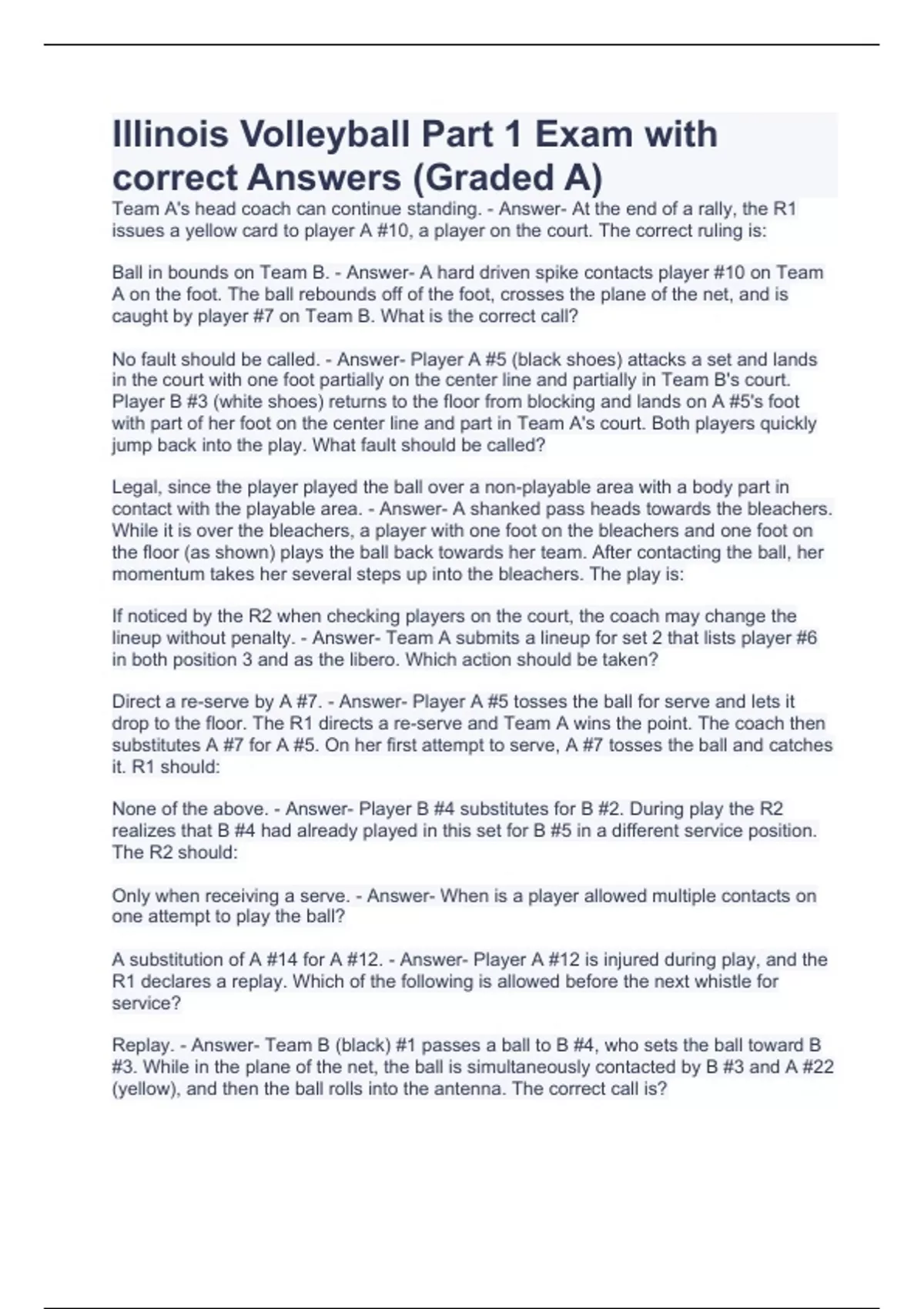 Illinois Volleyball Part 1 Exam with correct Answers (Graded A