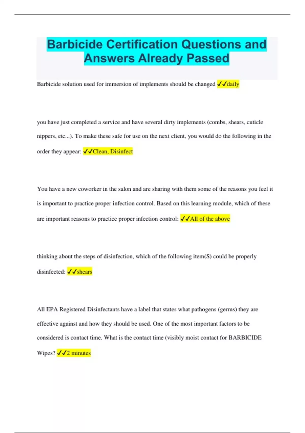 Barbicide Bundled Exams Questions and Answers (2022/2023