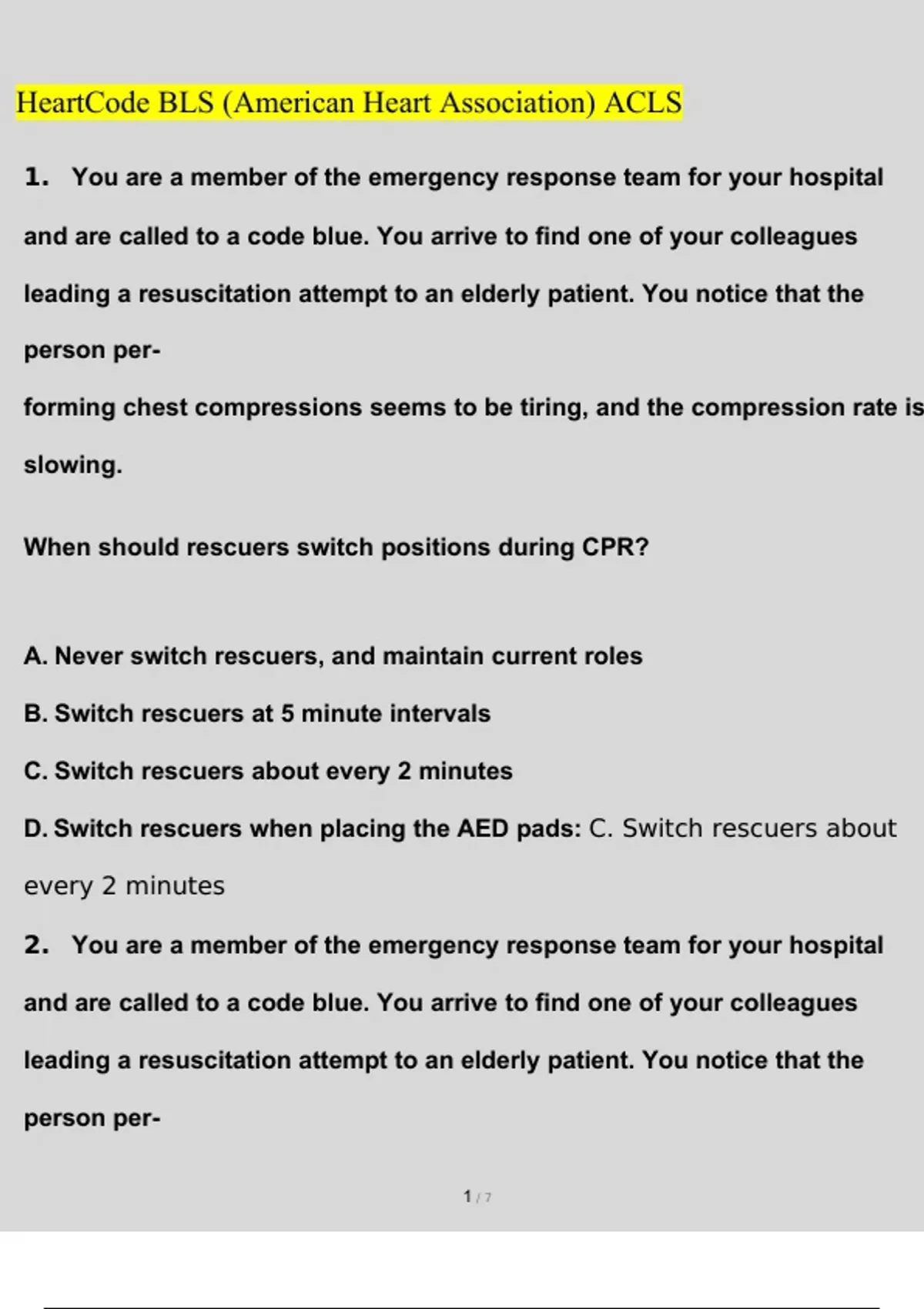 HeartCode BLS (American Heart Association) ACLS 2023 Questions and