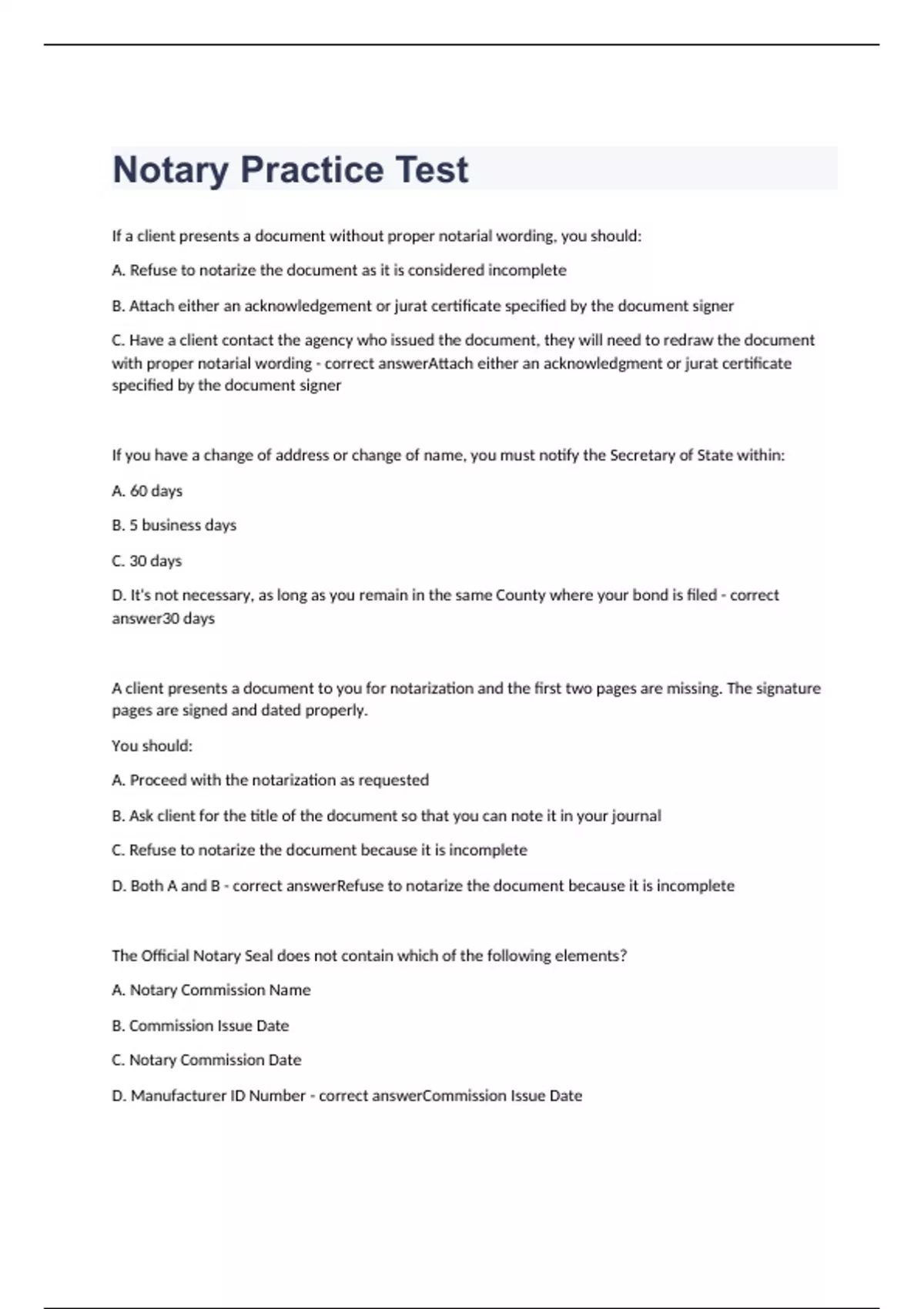 Notary Practice Test exam 2023 with 100 correct answers Hawaii