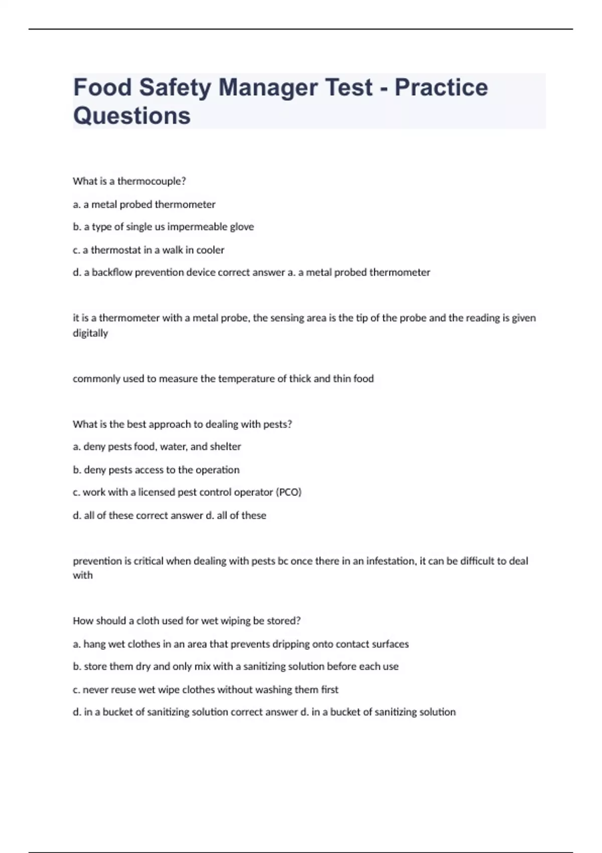 Food Safety Manager Test questions and 100% correct answers - Food ...
