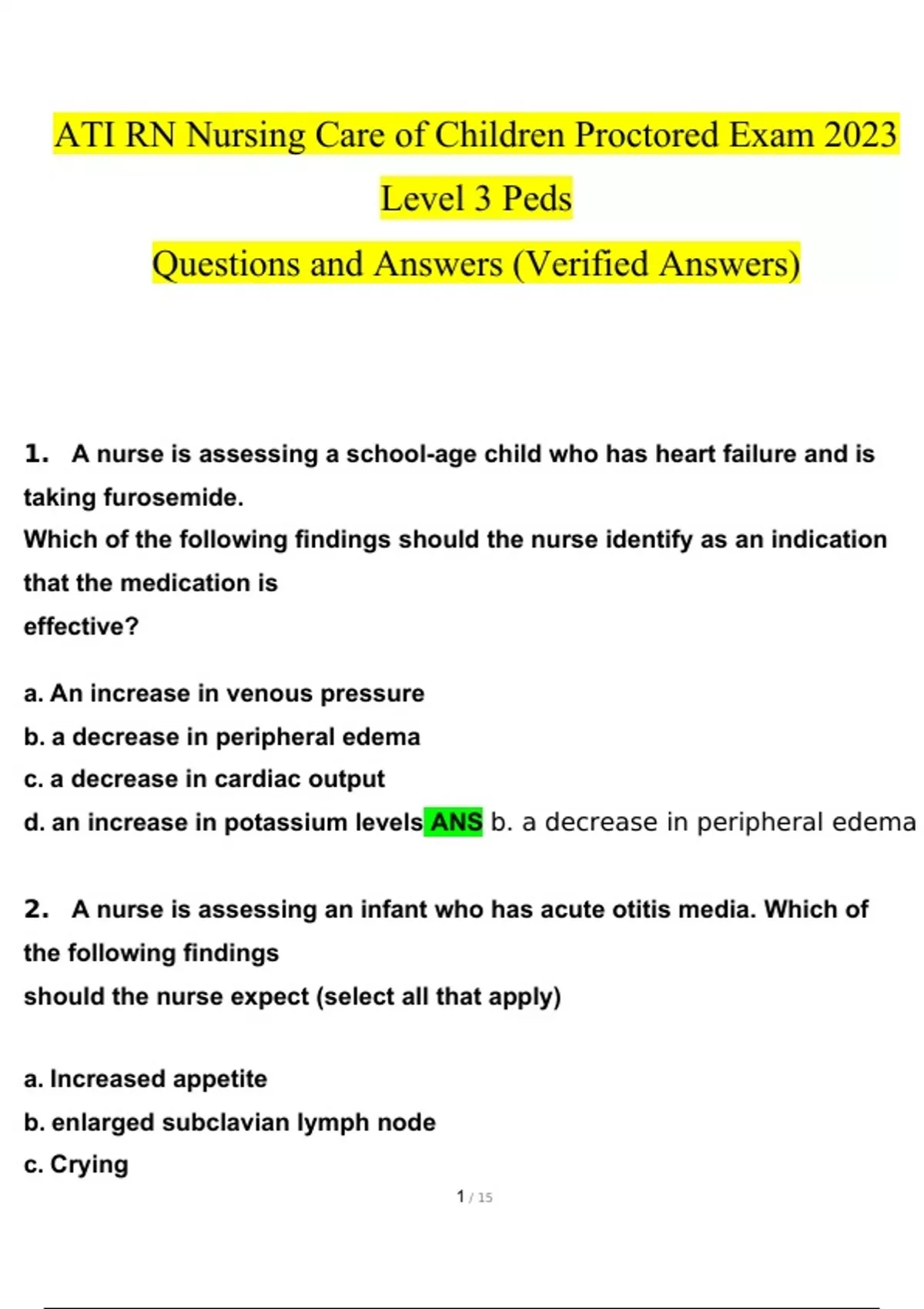 ATI RN Nursing Care of Children Proctored Exam Questions and Answers ...