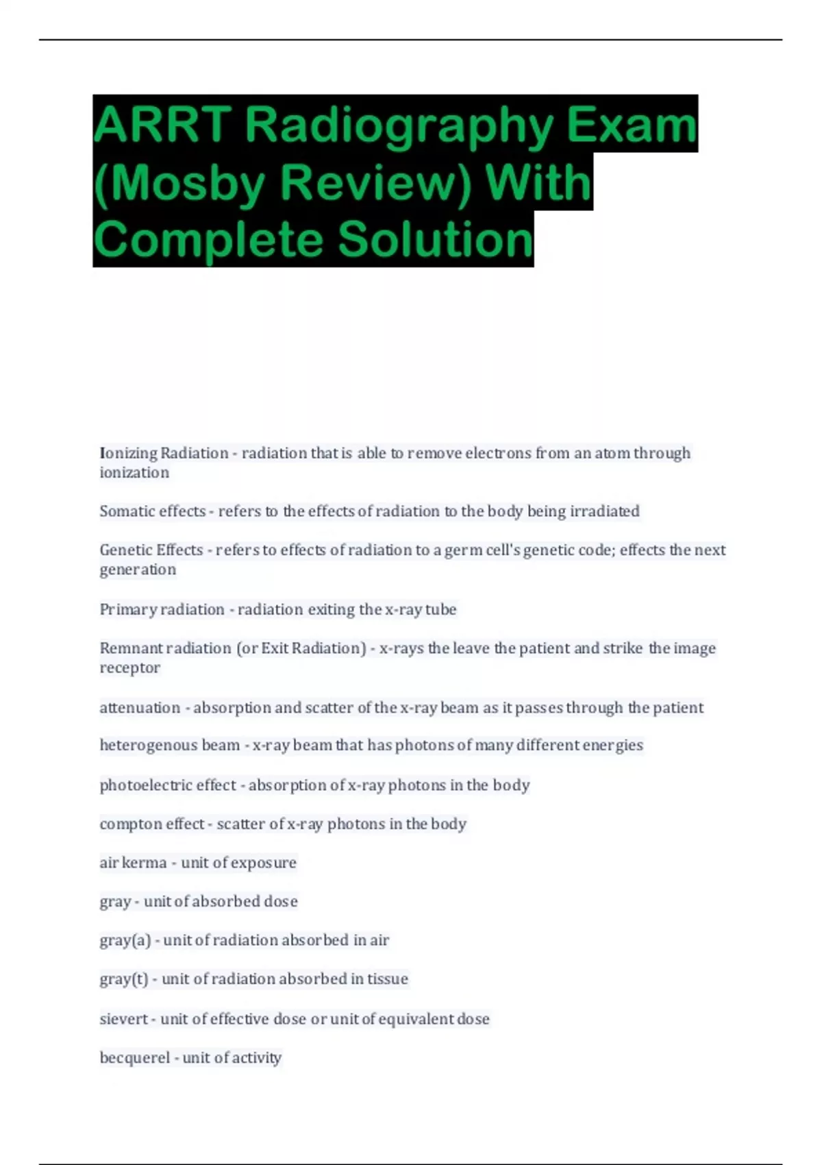 ARRT Radiography Exam (Mosby Review) With Complete Solution ARRT