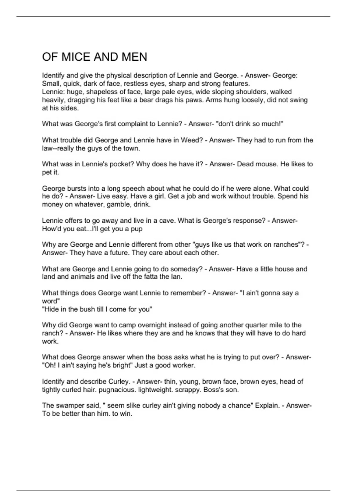 Of mice and men Q&A - Of mice and men - Stuvia US