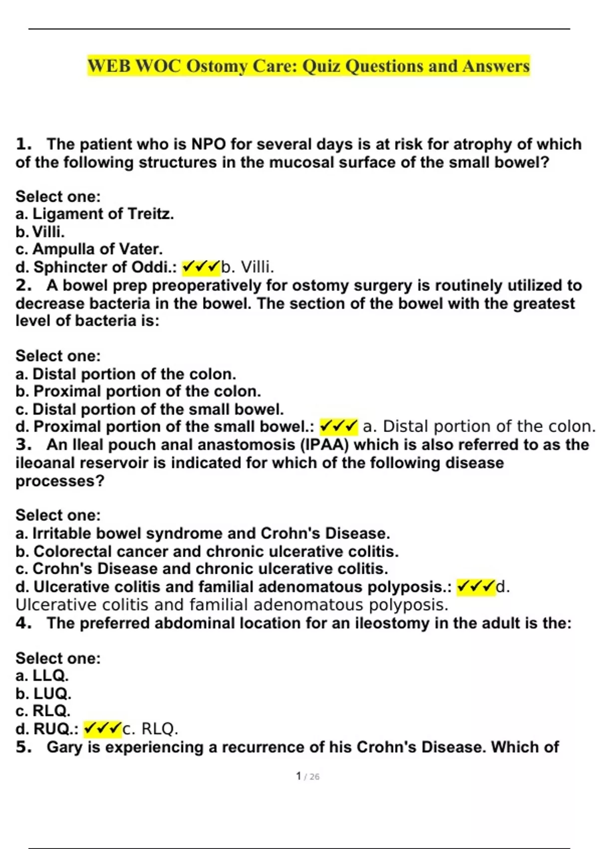 WEB WOC Ostomy Care Quiz Questions and Answers 2023 with complete