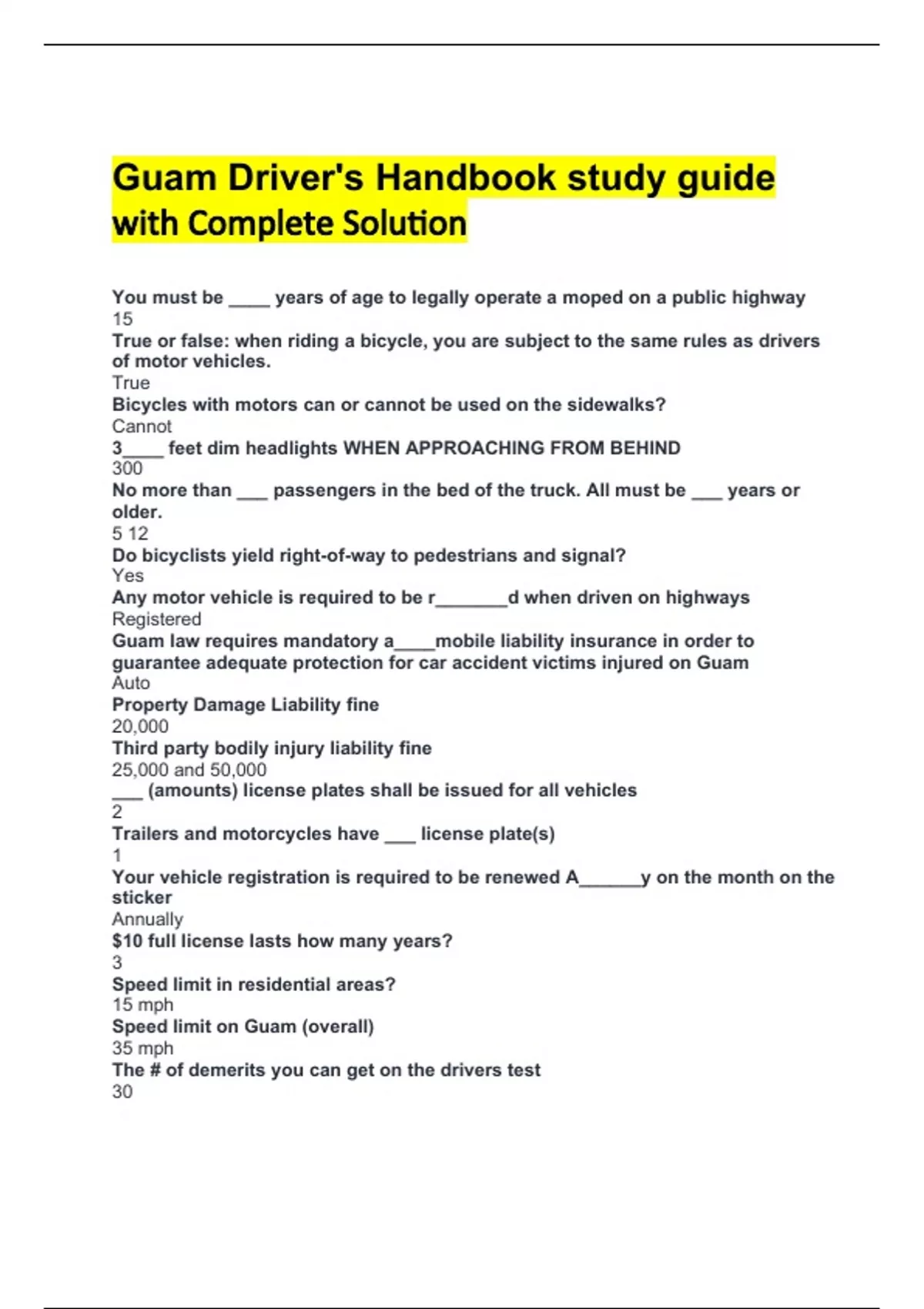 Guam Drivers Abstract Example Guam Driver's Handbook study guide with Complete Solution - Guam Driver ...