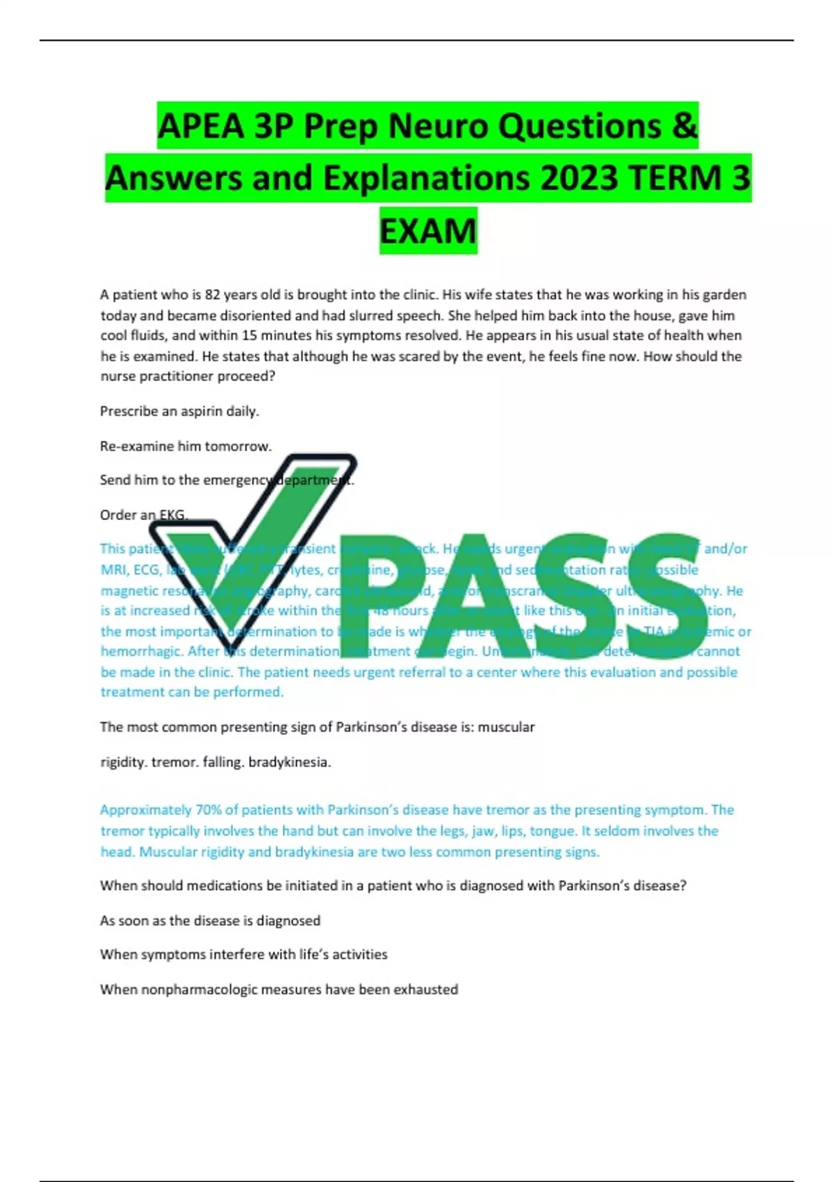 APEA 3P Prep Neuro Questions & Answers and Explanations 2023 TERM 3 ...