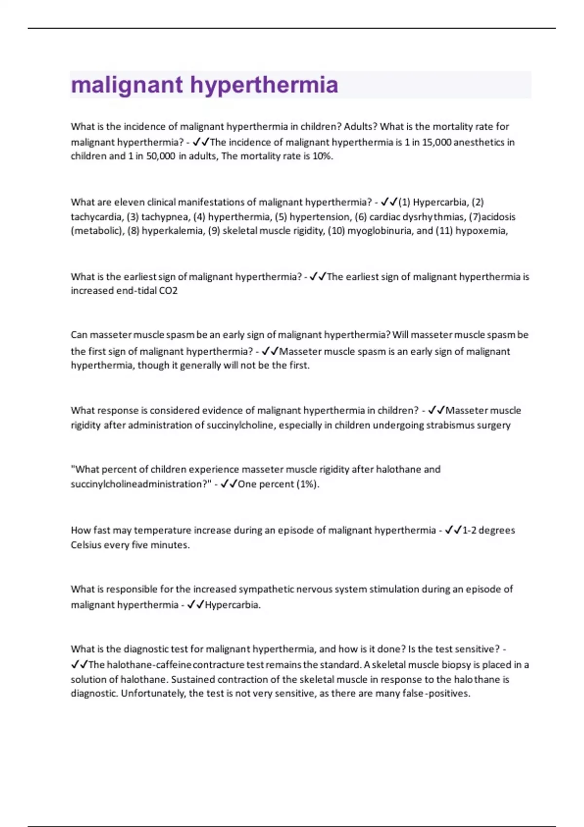 malignant hyperthermia Questions and Answers(A+ Solution guide