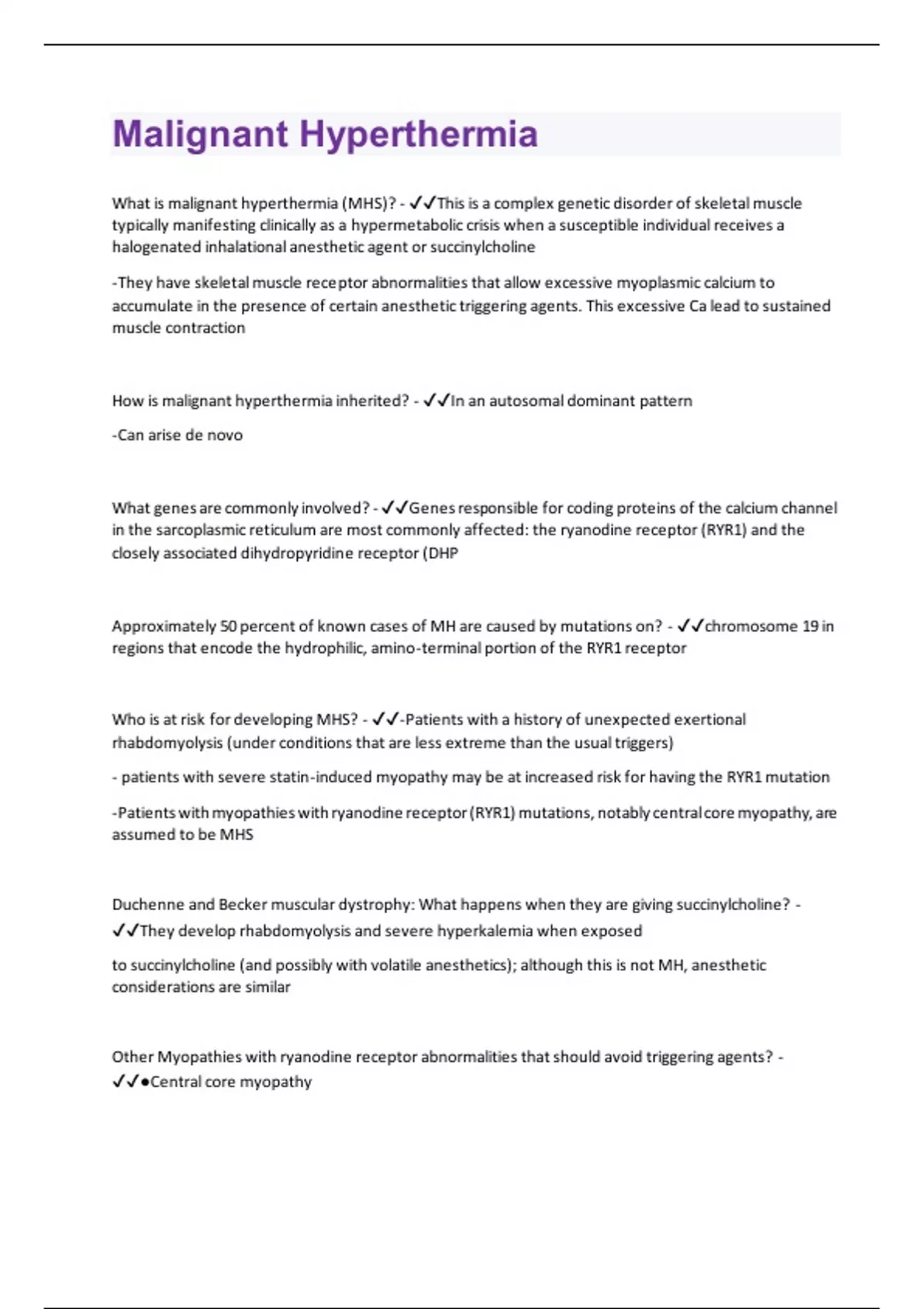 Malignant Hyperthermia Questions and Answers(A+ Solution guide