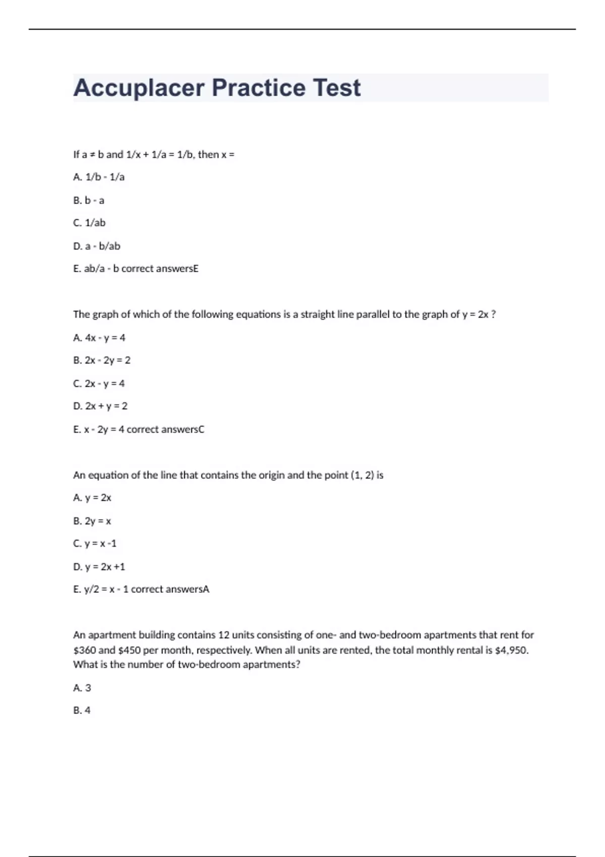 Free Accuplacer Practice Test Printable