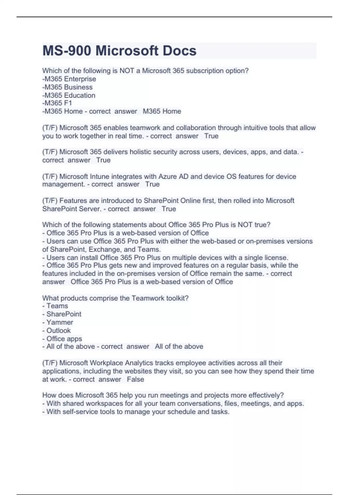 MS~900 Question and answers correctly solved 2023 - MS-900 - Stuvia US