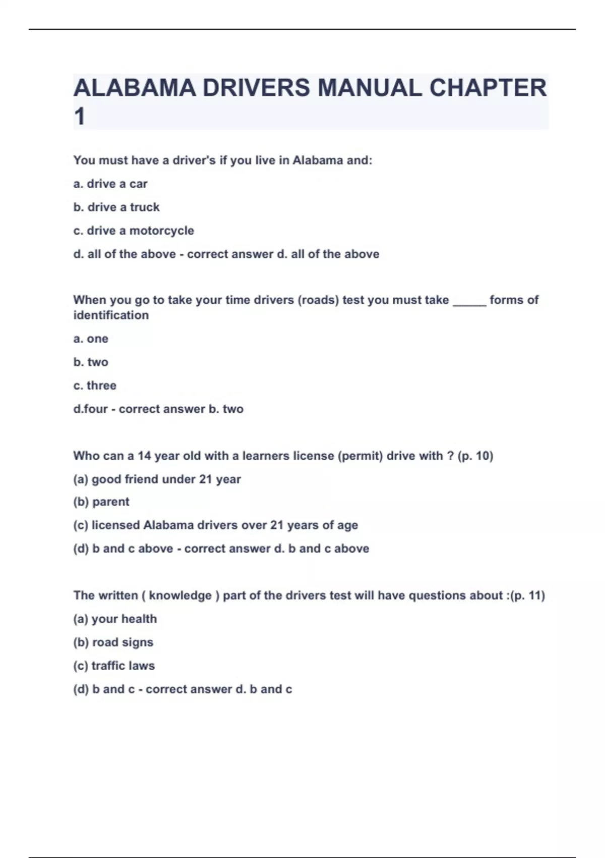ALABAMA DRIVERS MANUAL CHAPTER 1|UPDATED&VERIFIED|100% SOLVED ...