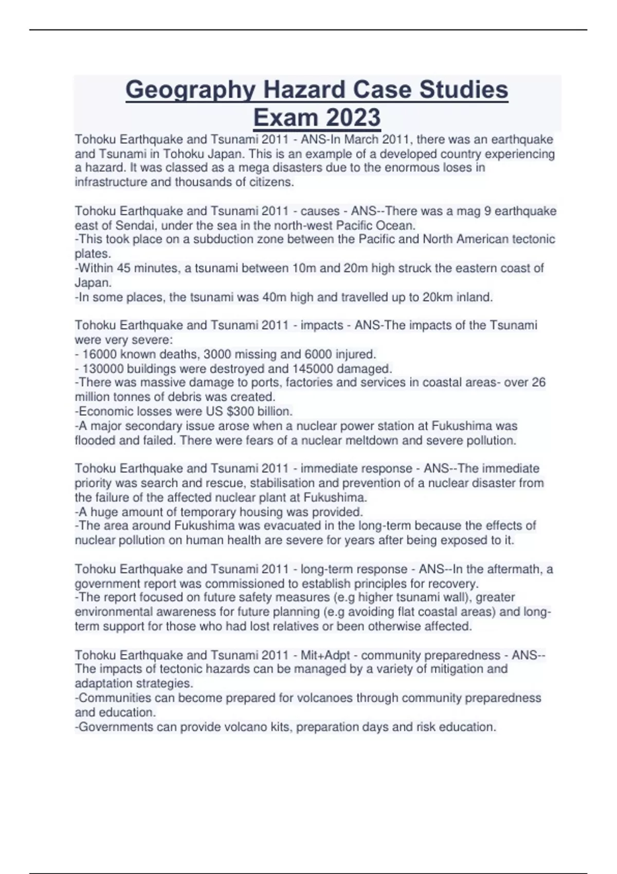 Geography Hazard Case Studies Exam 2023 Geography Hazard Case Studies