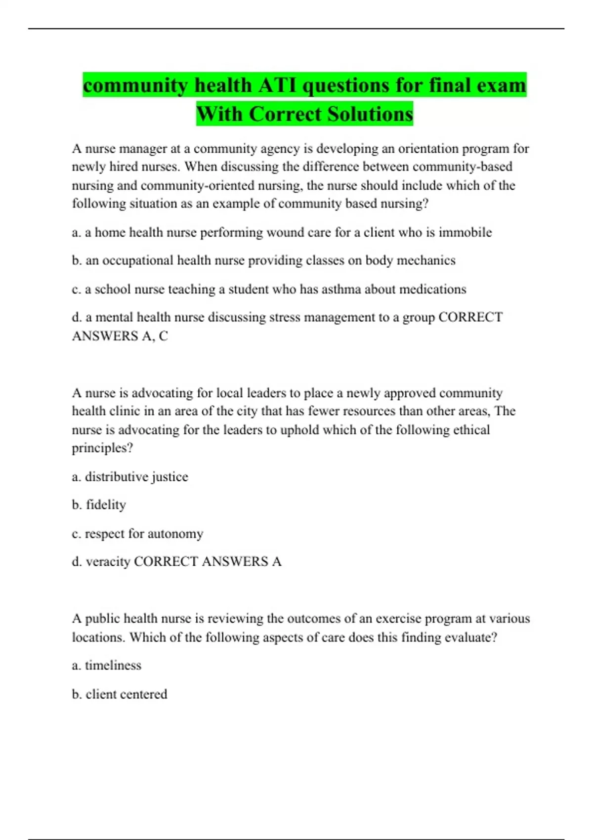 Community Health Ati Questions For Final Exam With Correct Solutions