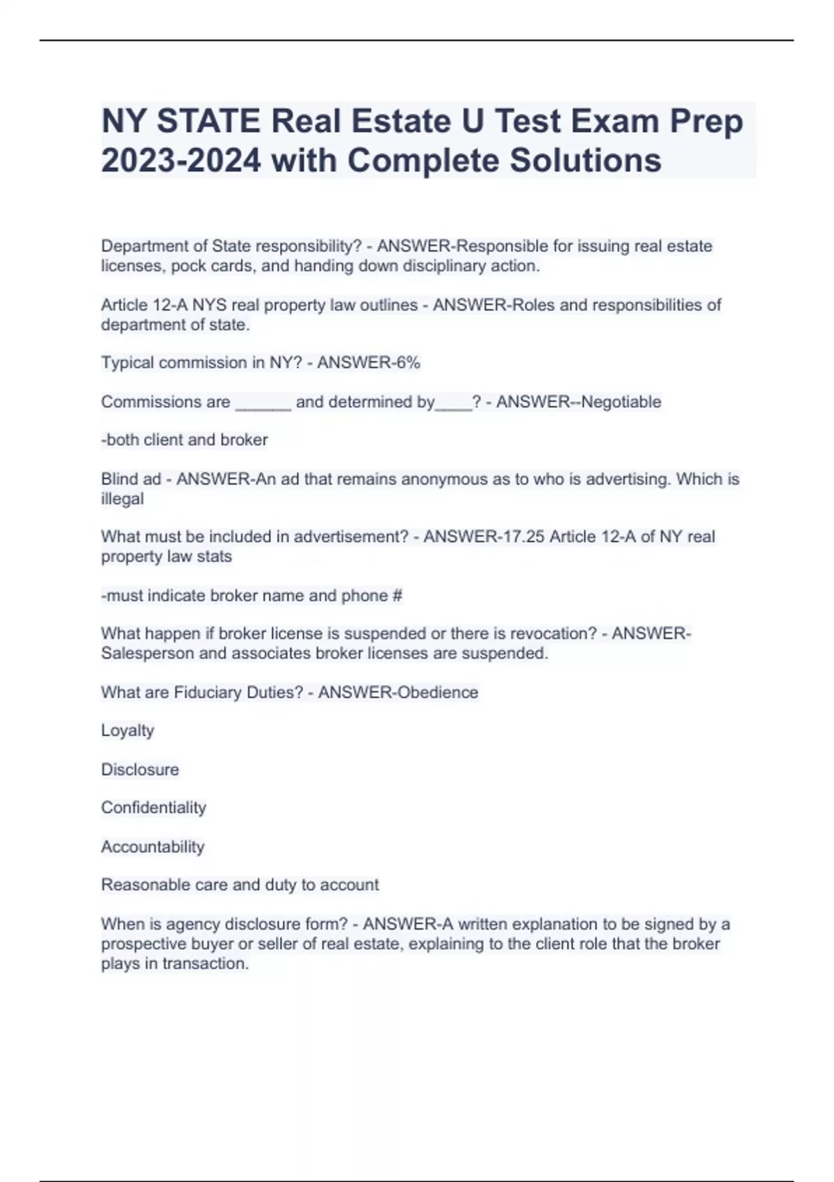 NY STATE Real Estate U Test Exam Prep with Complete Solutions NY