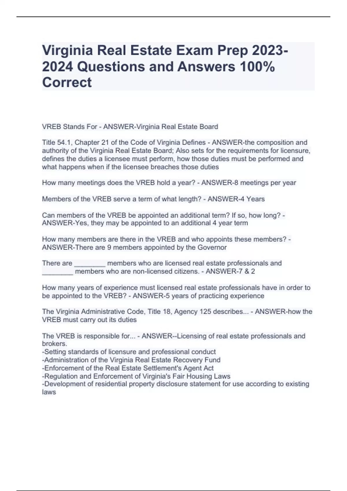 Virginia Real Estate Exam Prep Questions and Answers 100 Correct