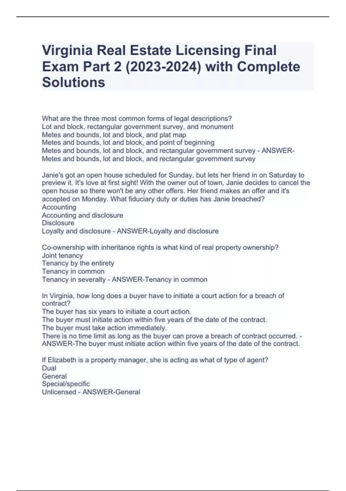 Virginia Real Estate Licensing Final Exam Part 2 () with Complete
